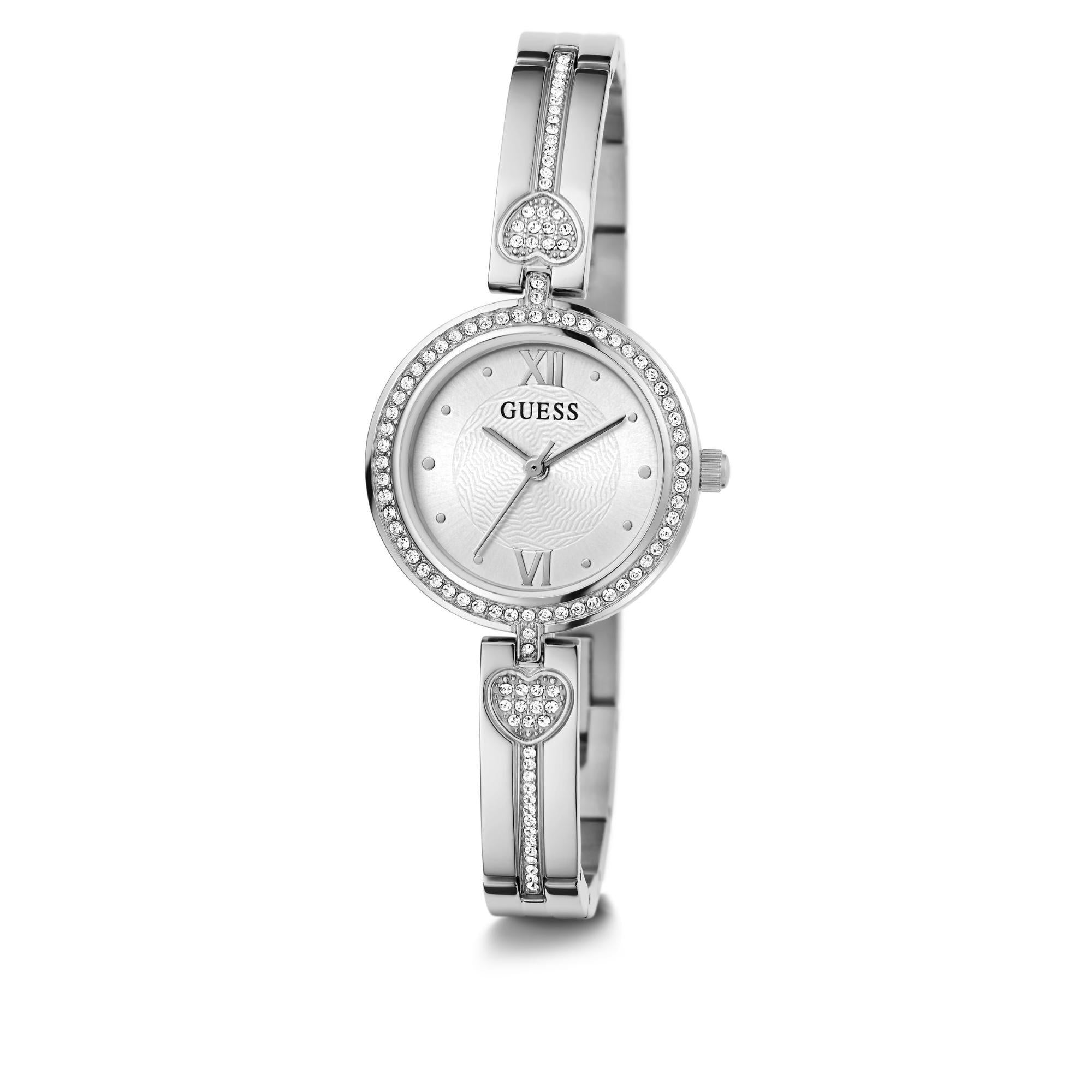 GUESS Ladies Silver Tone Analog Stainless Steel White Dial Watch GW0655L1
