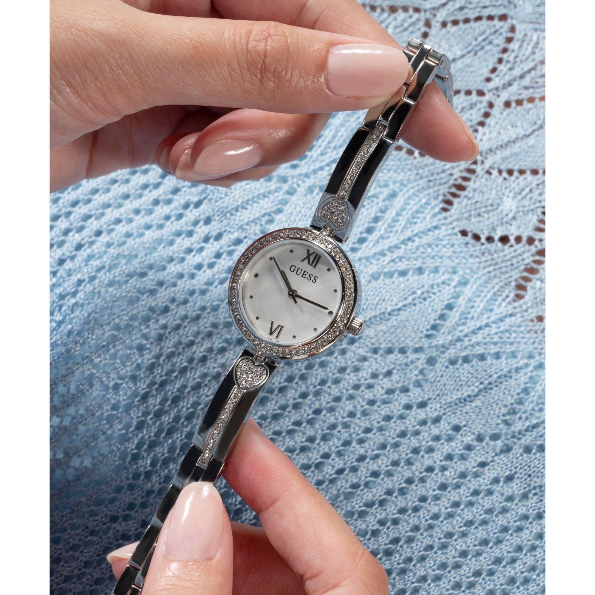 GUESS Ladies Silver Tone Analog Stainless Steel White Dial Watch GW0655L1