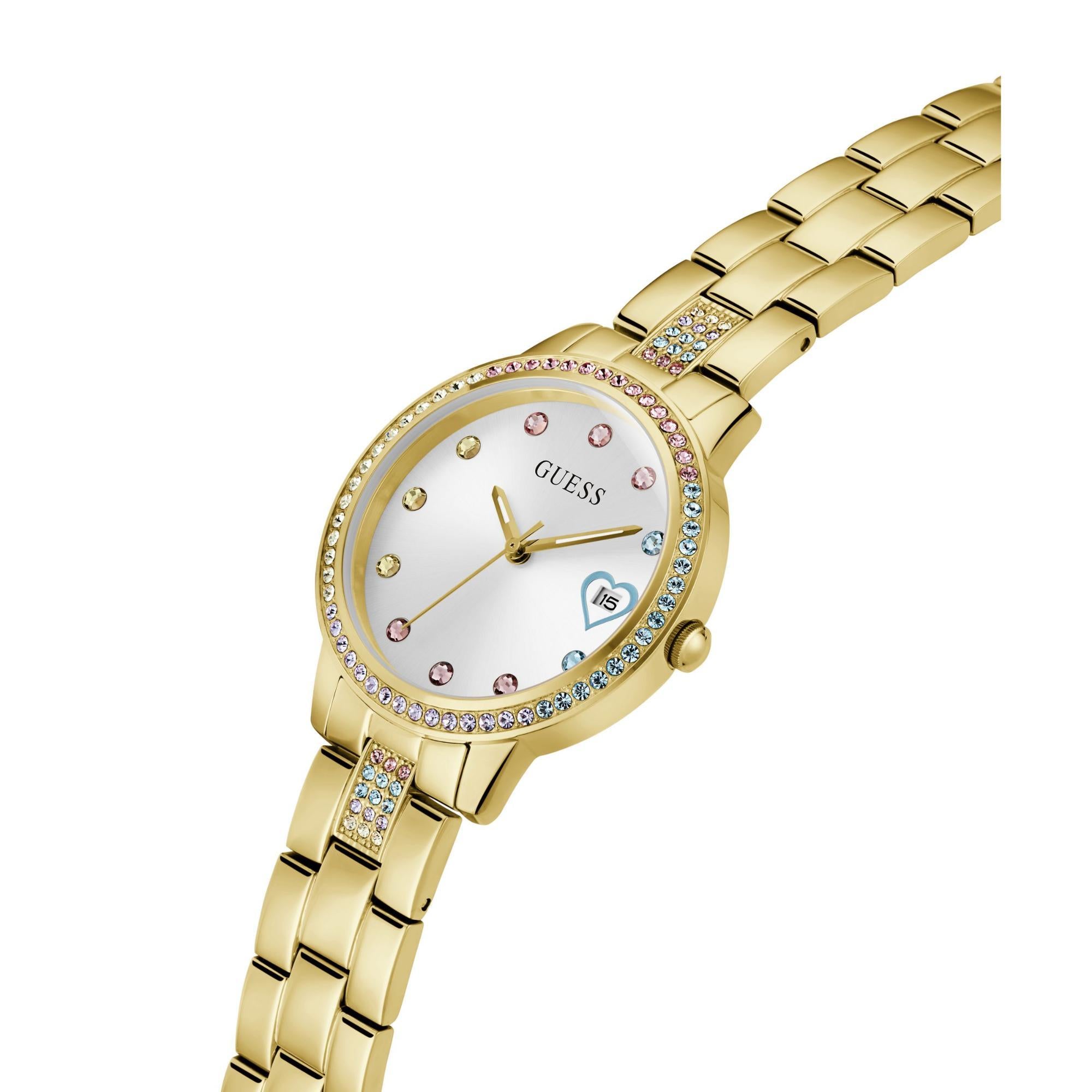 GUESS Damenarmbanduhr mit goldfarbener Lünette, Datum, Edelstahl, weißes Zifferblatt GW0657L21