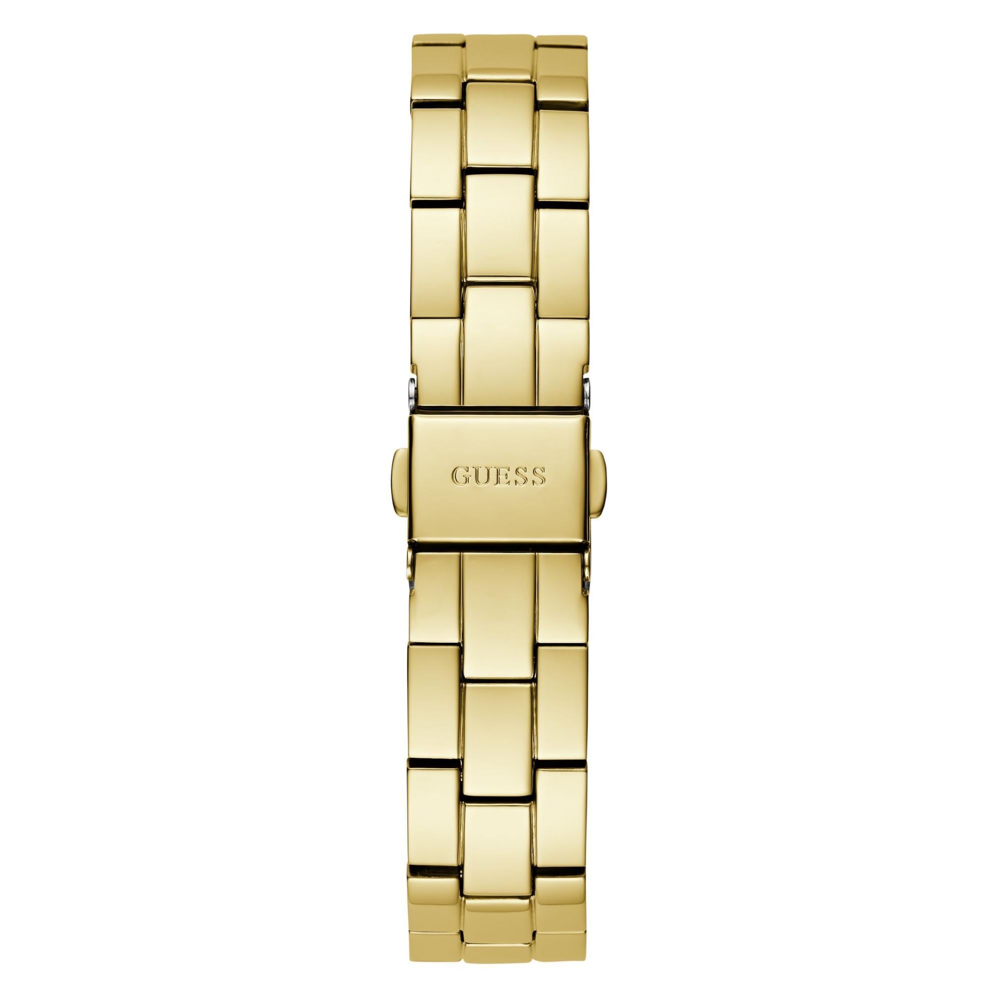 GUESS Damenarmbanduhr mit goldfarbener Lünette, Datum, Edelstahl, weißes Zifferblatt GW0657L21