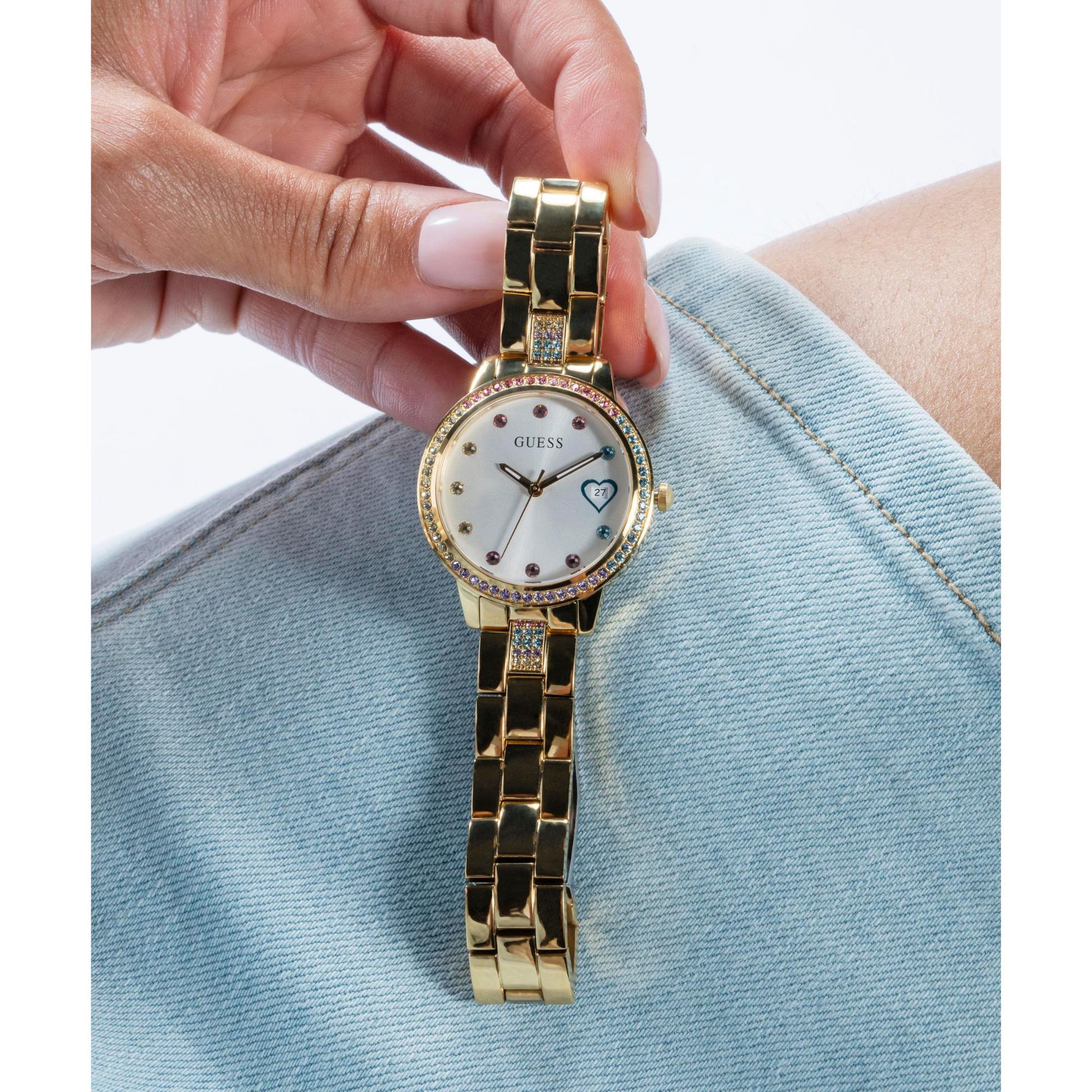 GUESS Damenarmbanduhr mit goldfarbener Lünette, Datum, Edelstahl, weißes Zifferblatt GW0657L21