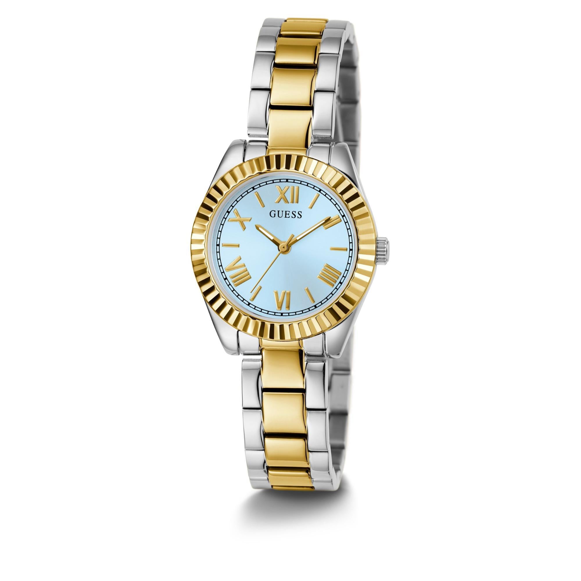 GUESS Damenarmbanduhr 2-Tone, analog, blaues Zifferblatt, mit Kristallakzenten GW0687L4