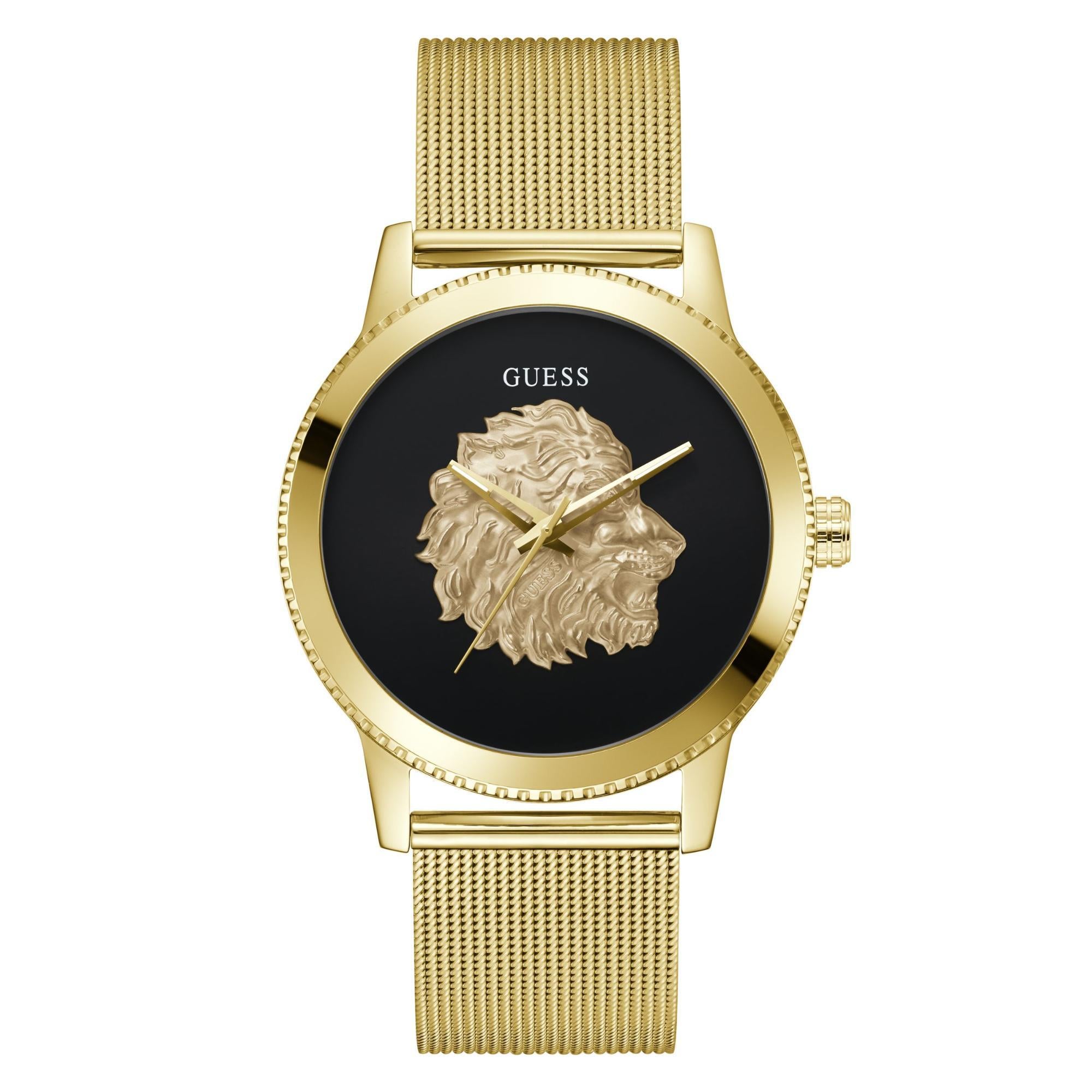GUESS Herrenarmbanduhr mit goldfarbener Lünette, analog, schwarzes Zifferblatt GW0702G1