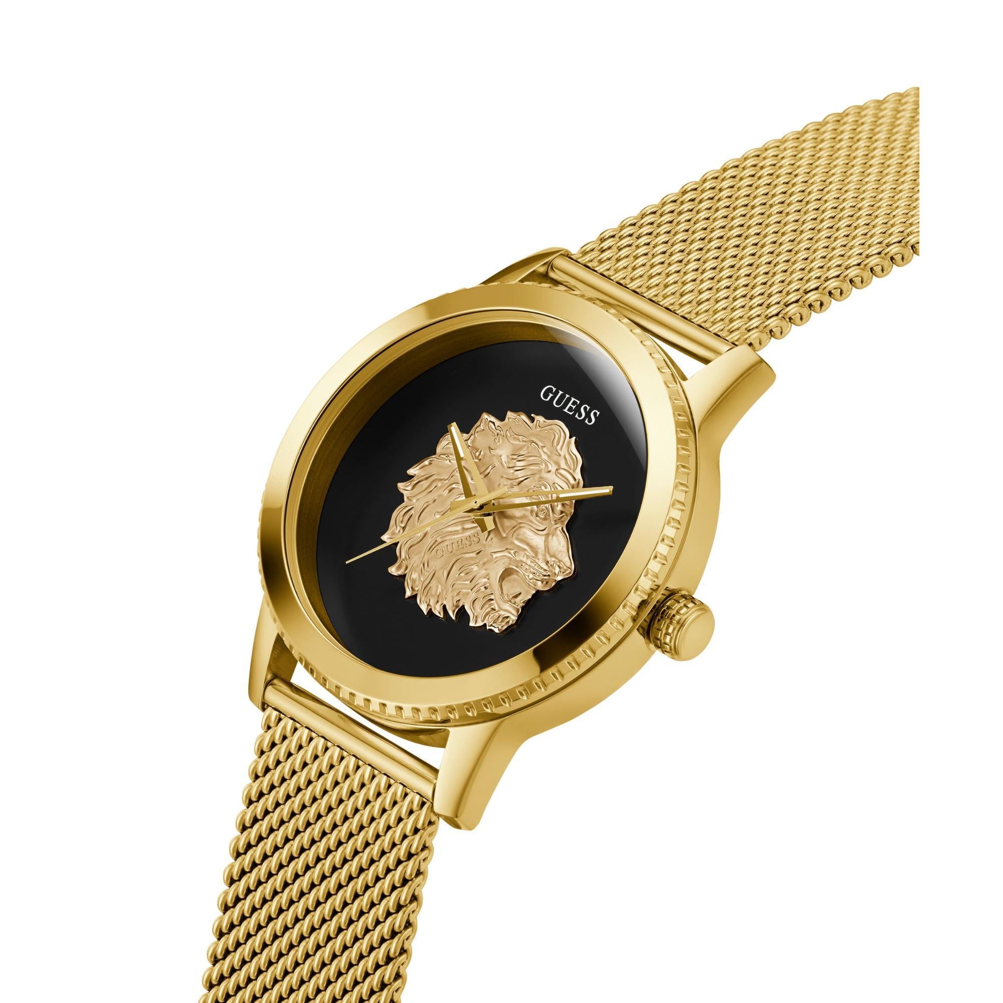 GUESS Herrenarmbanduhr mit goldfarbener Lünette, analog, schwarzes Zifferblatt GW0702G1