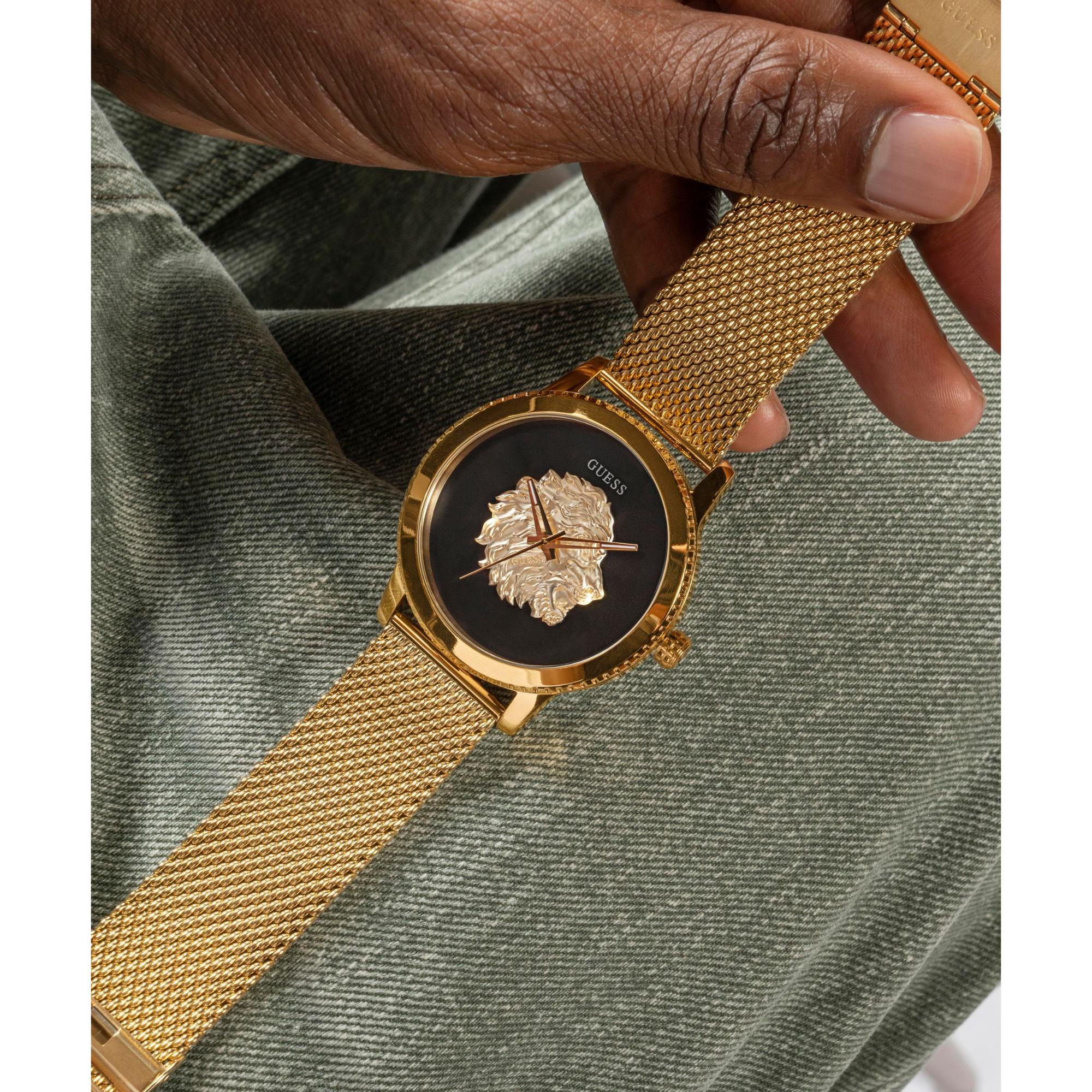 GUESS Herrenarmbanduhr mit goldfarbener Lünette, analog, schwarzes Zifferblatt GW0702G1