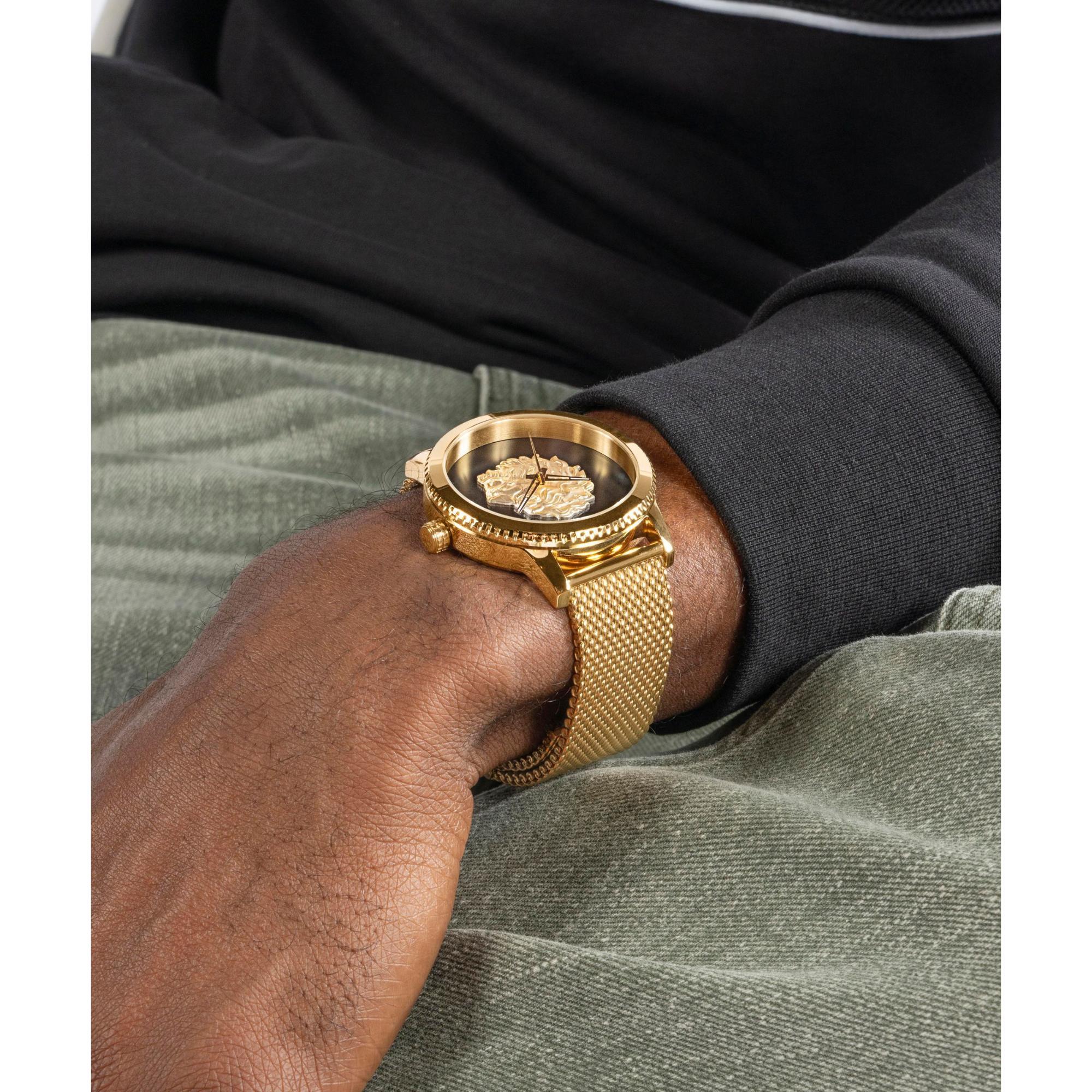 GUESS Herrenarmbanduhr mit goldfarbener Lünette, analog, schwarzes Zifferblatt GW0702G1