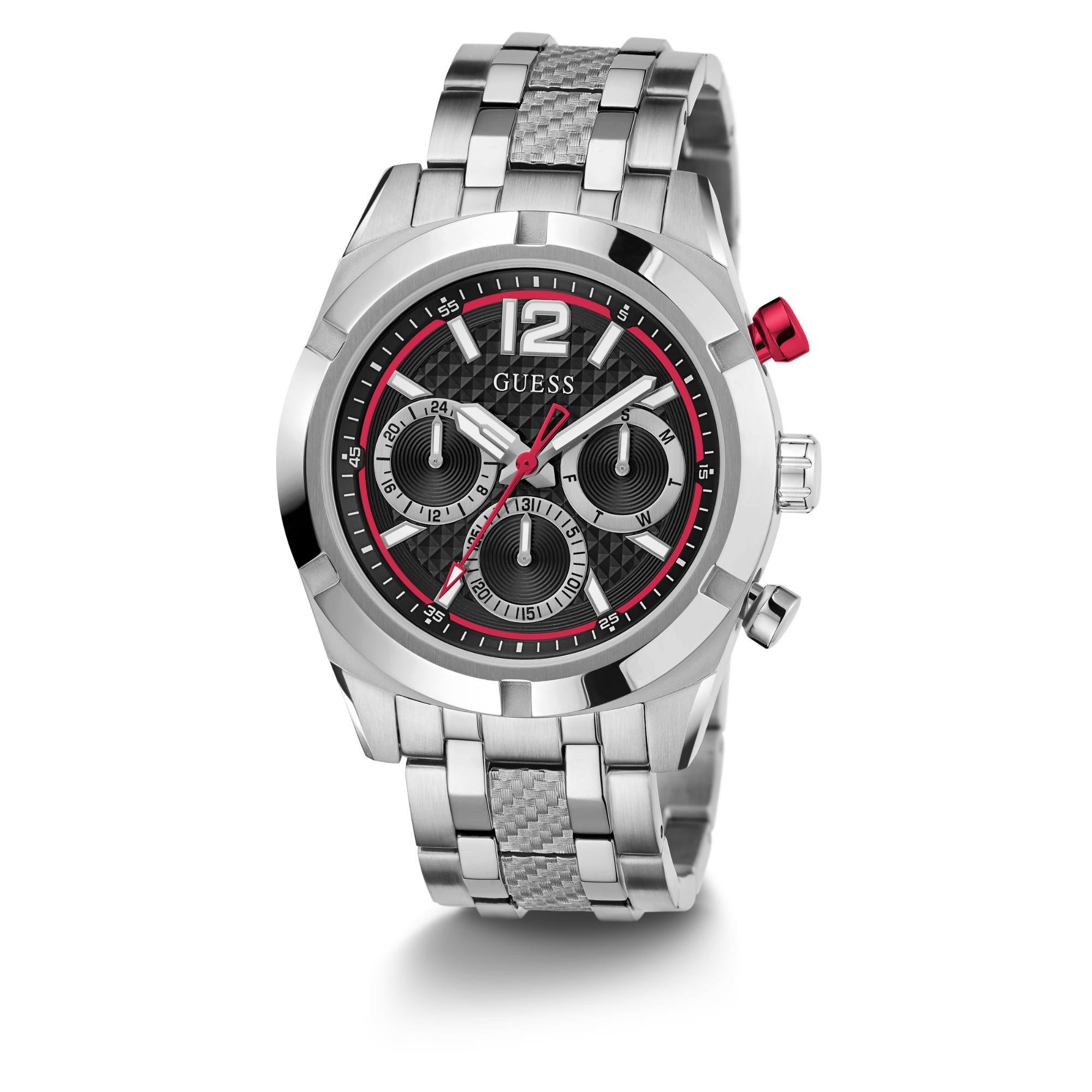 GUESS Silver Tone Multi-Function Black Dial Steel Strap Men's Watch GW0714G1