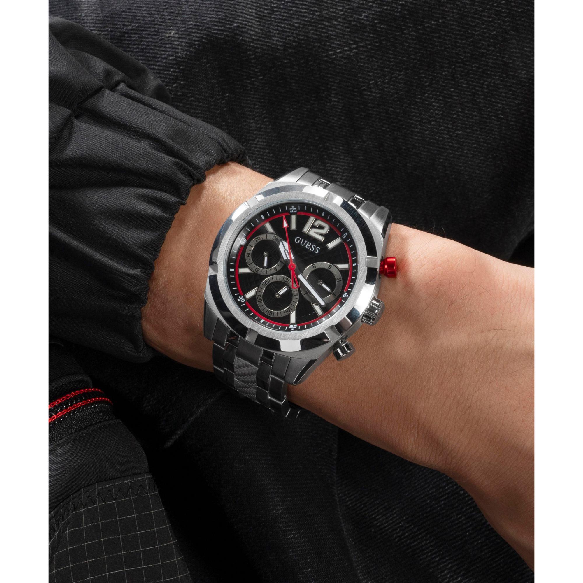 GUESS Silver Tone Multi-Function Black Dial Steel Strap Men's Watch GW0714G1