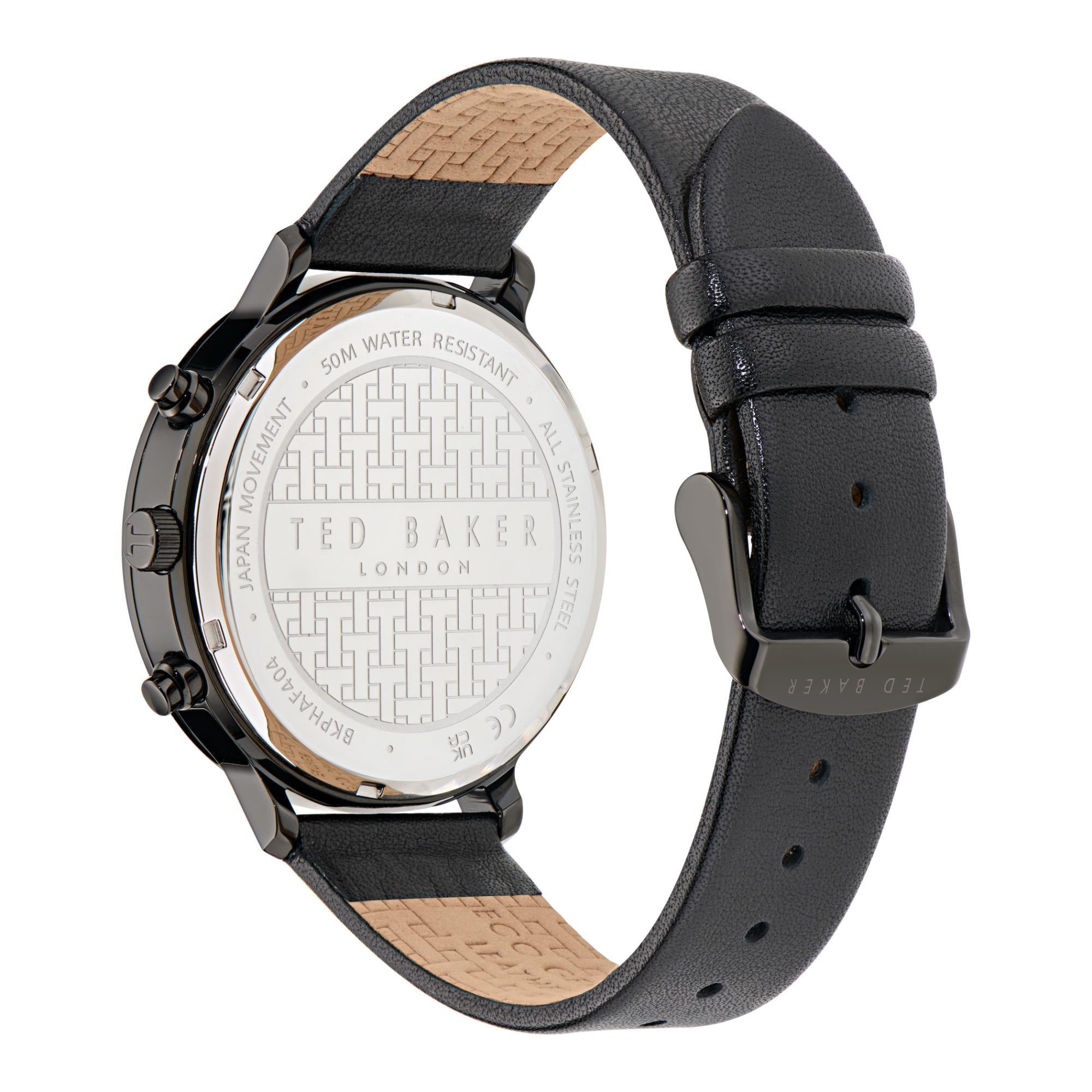 Ted Baker Timeless Herrenarmbanduhr, schwarzes Zifferblatt, Leder BKPHAF404