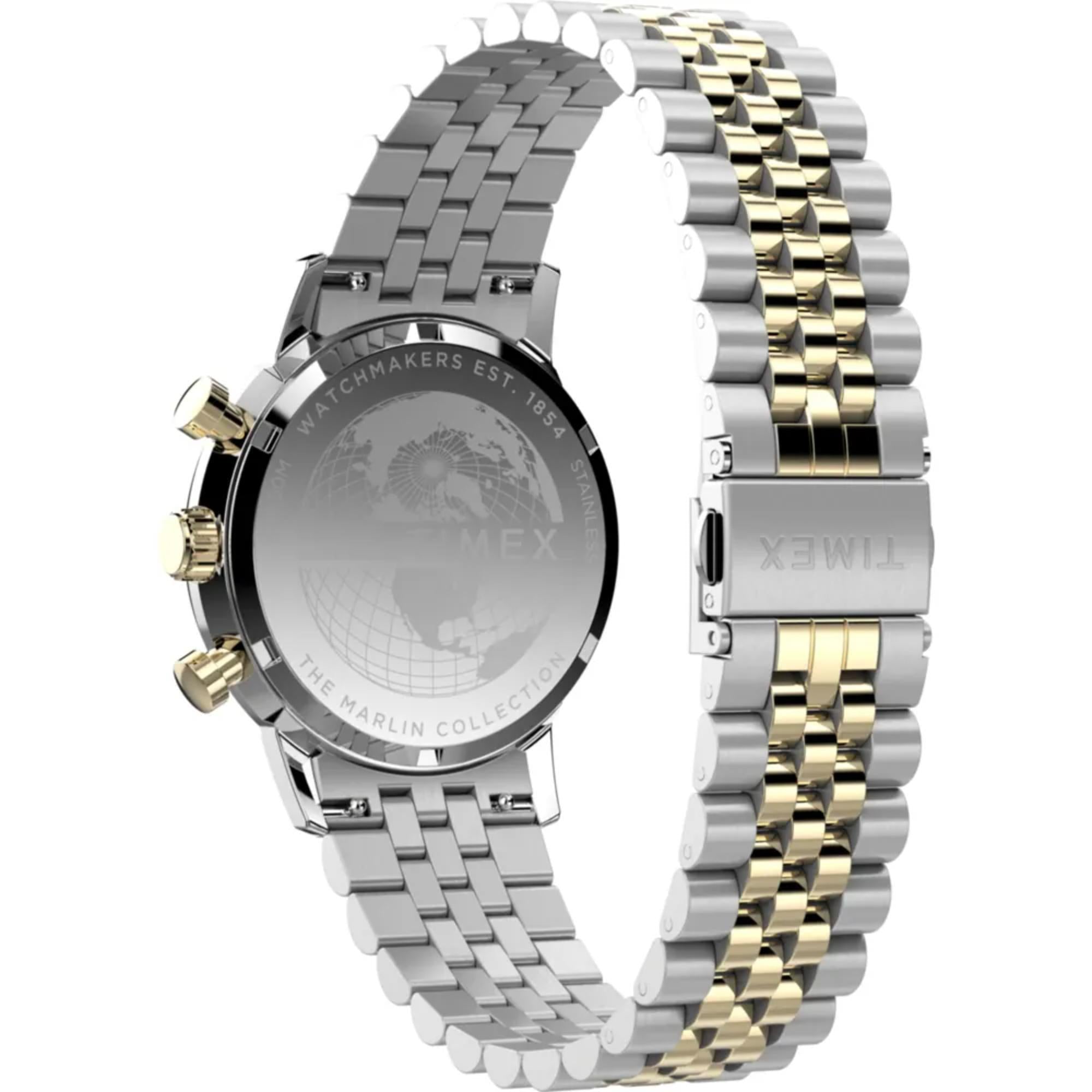 Timex Marlin TW2W60000 stainless steel case back and two-tone bracelet detail