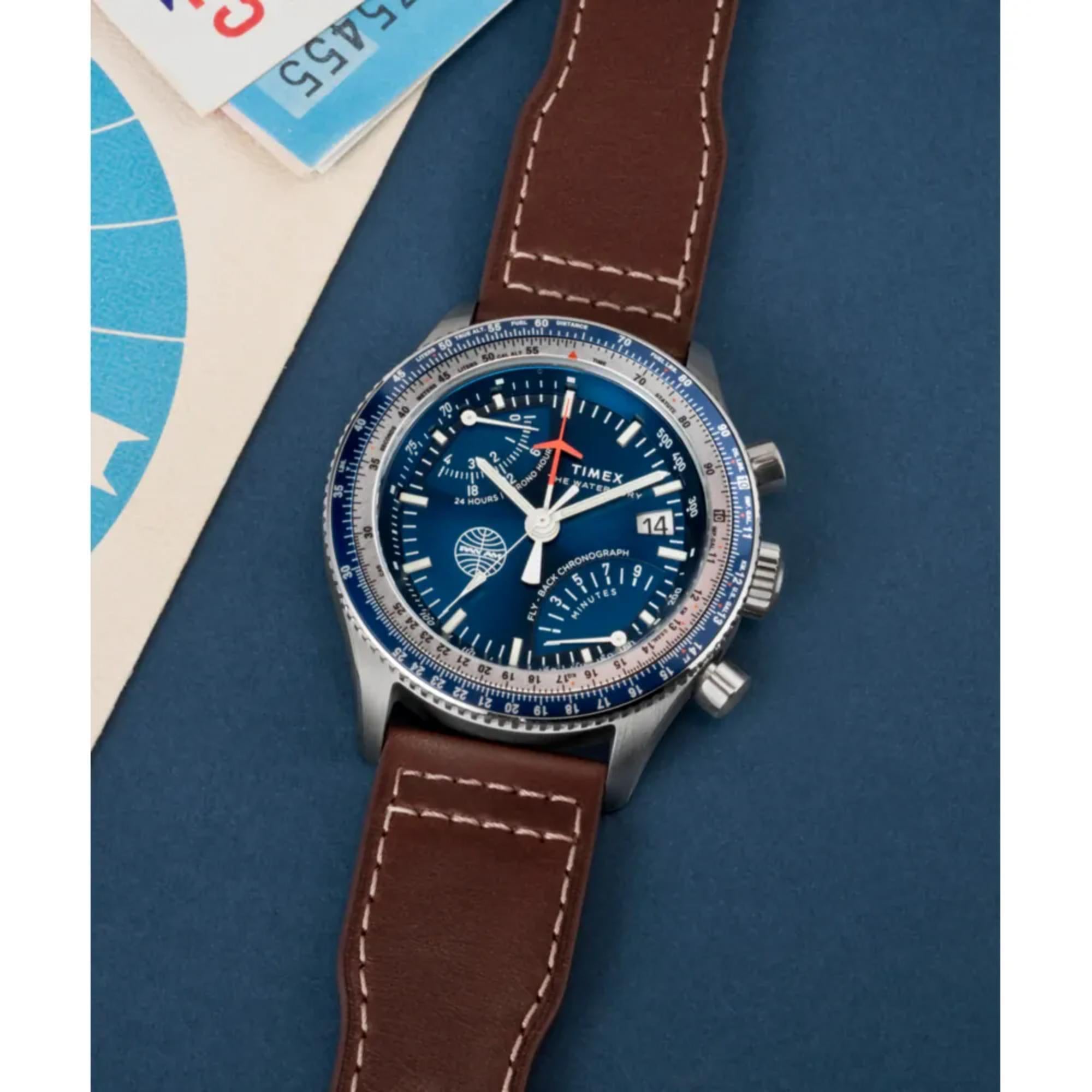 Timex Flyback 43mm Chronograph Blaues Zifferblatt Herren Quarz Uhr TW2W97200