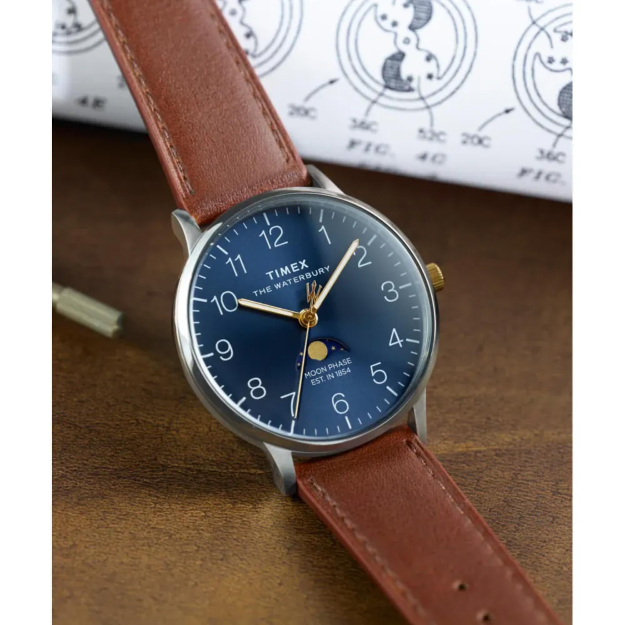 Timex Waterbury 40mm Blue Dial Leather Mens Quartz Watch TW2W75600
