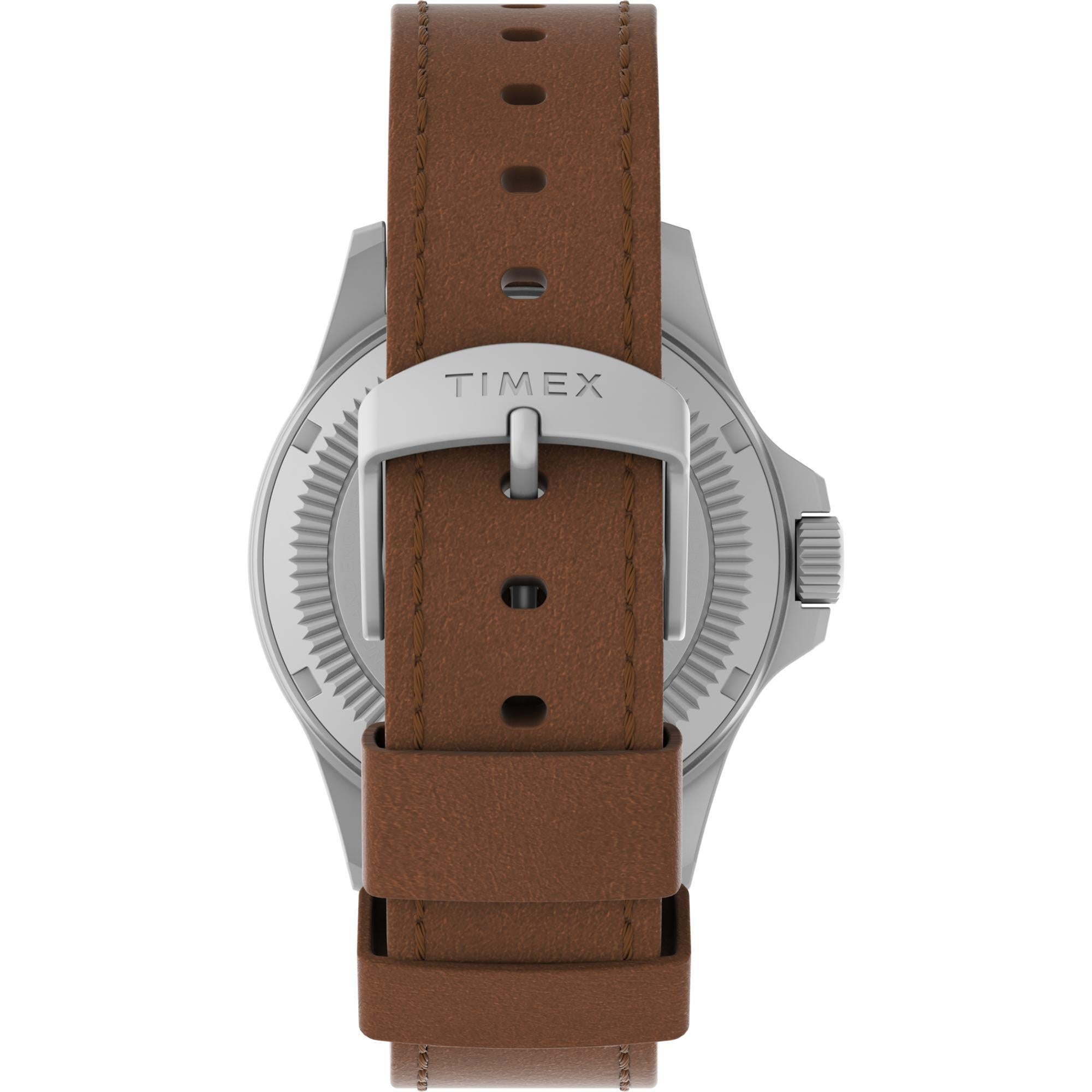 Timex TW2V03600 brown leather strap and stainless steel buckle detail back view