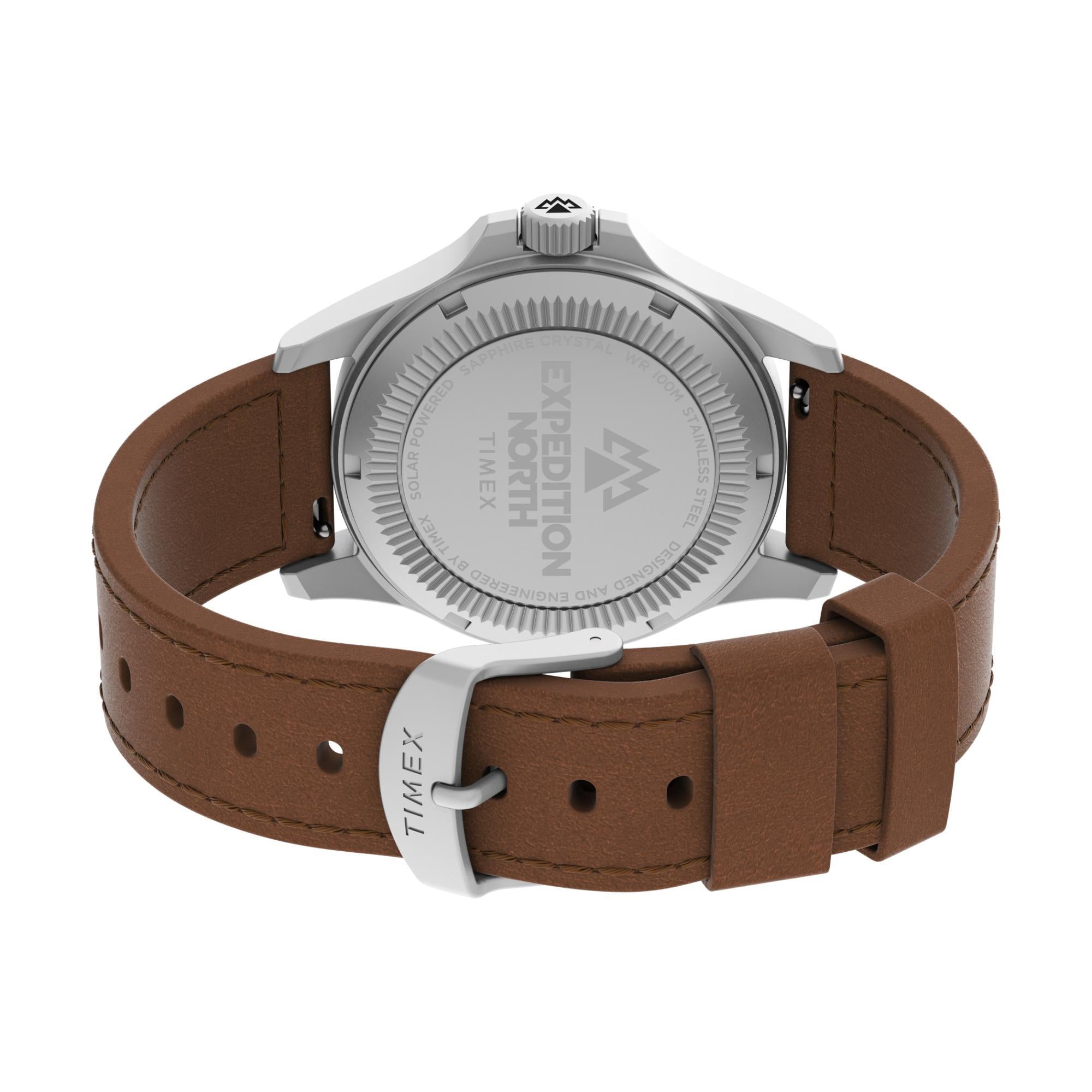 Timex TW2V03600 stainless steel caseback, brown leather strap, and buckle detail perspective view