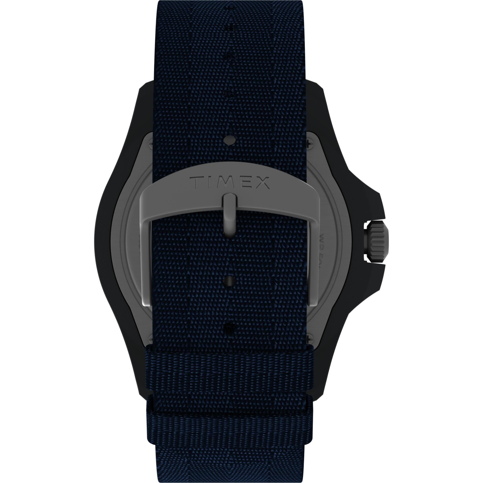 Timex watch with black strap and gray buckle on a white background