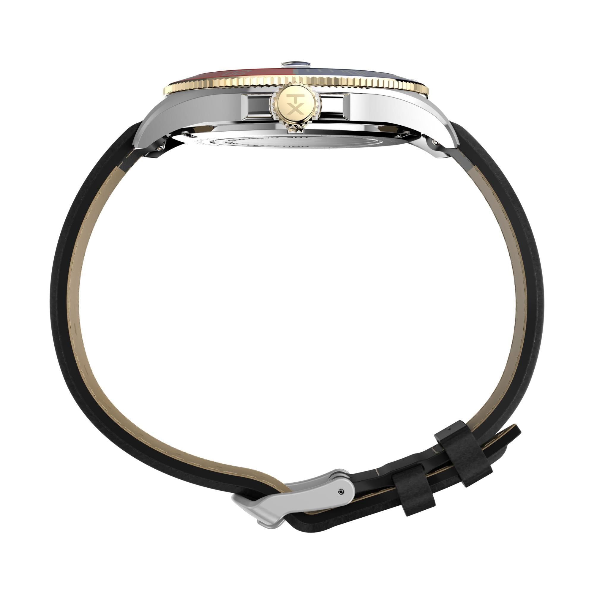Watch with black strap and silver case on a white background