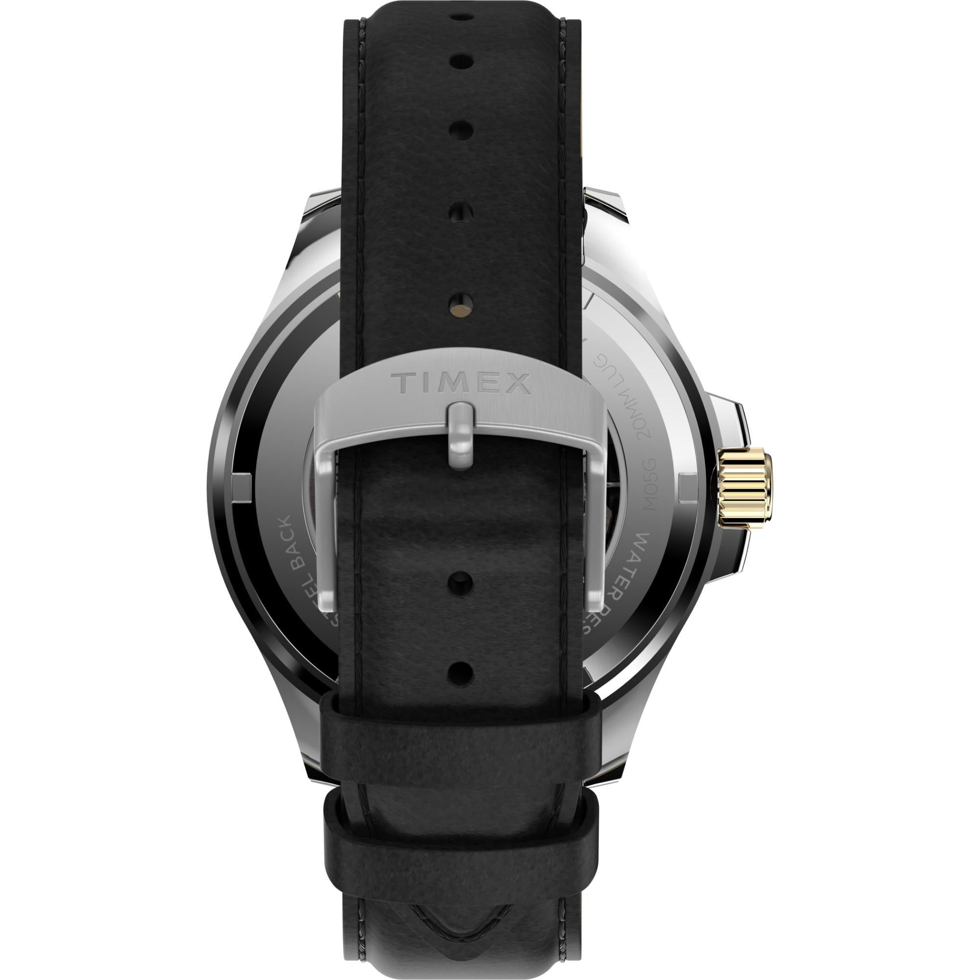 Timex watch with black leather strap on a white background