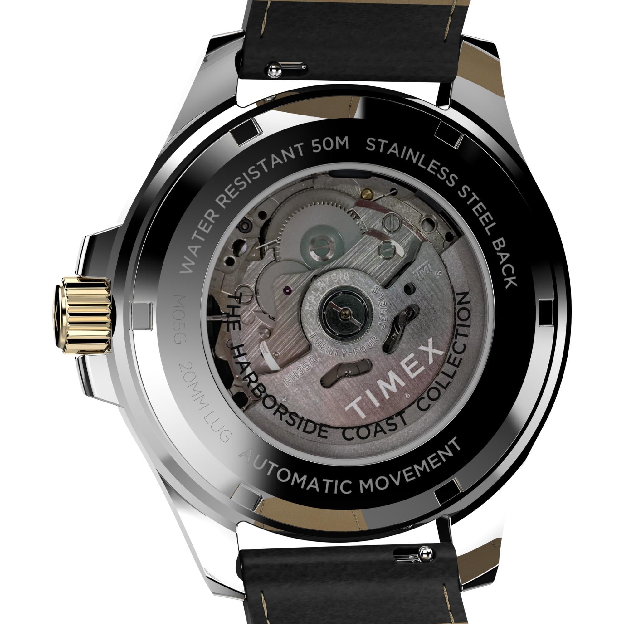 Timex watch back view with mechanical components on a white background