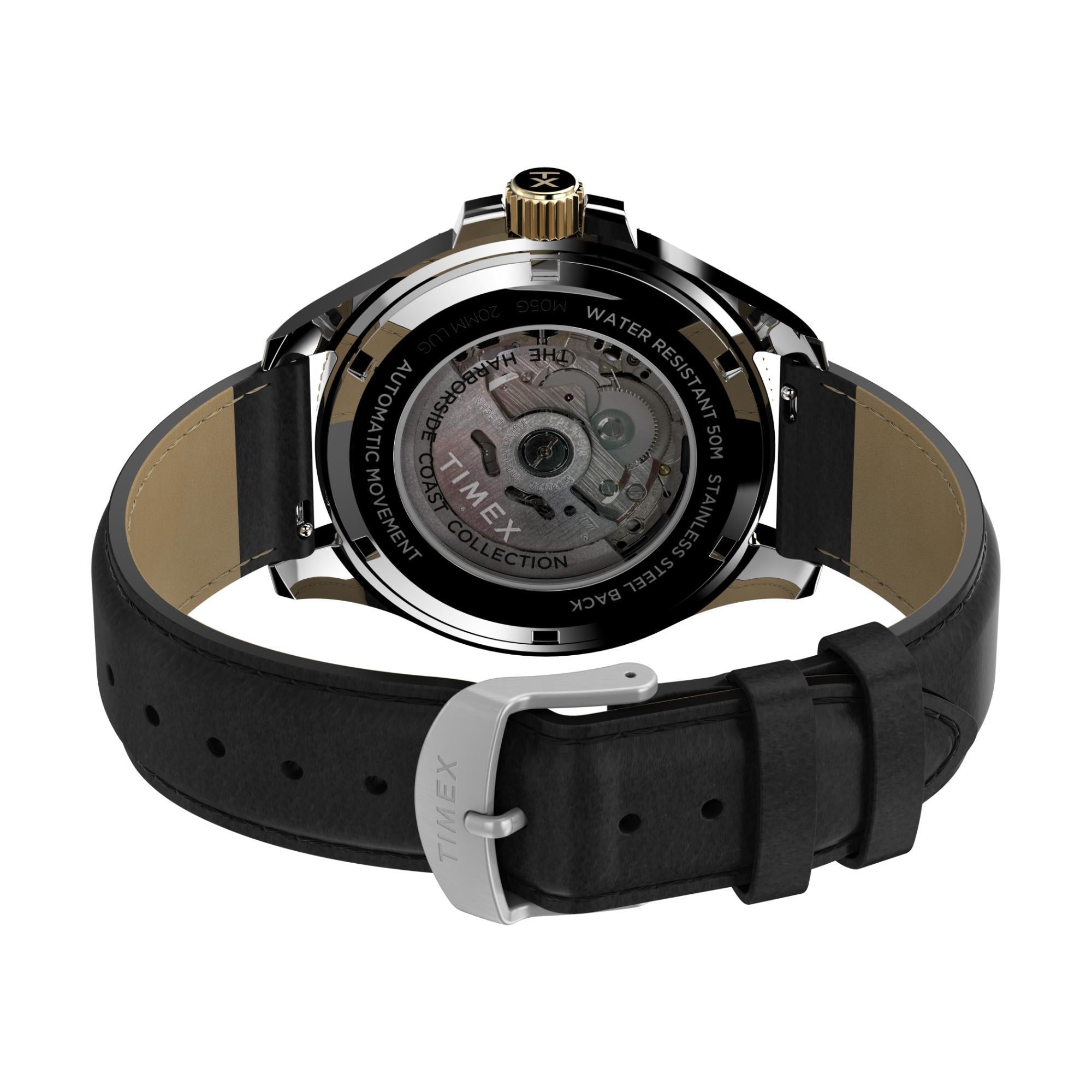 Rolex watch with black leather strap and visible mechanical components on a white background