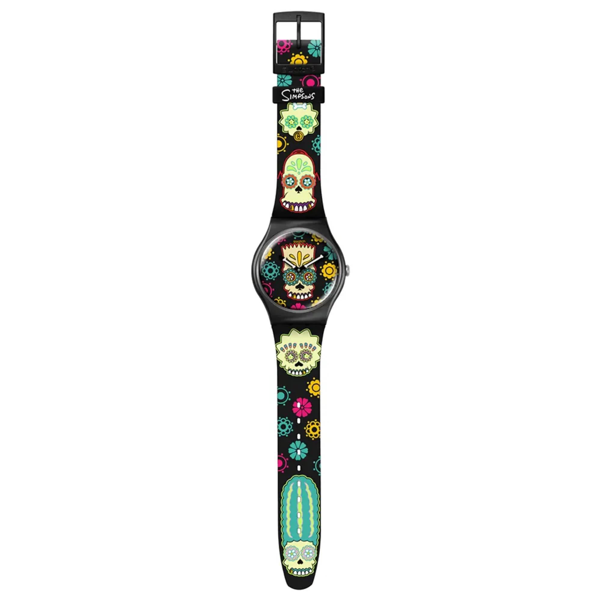 Swatch x Die Simpsons (41mm) D'OH OF THE DEAD Schwarzes Bedrucktes Zifferblatt Schwarzes Bedrucktes Armband Uhr SO29Z135