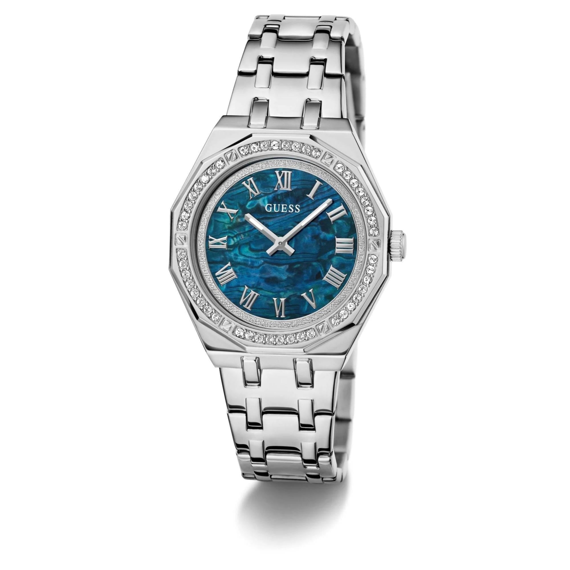GUESS Silberfarbene Analog Blaues Zifferblatt Damen Uhr GW0770L1