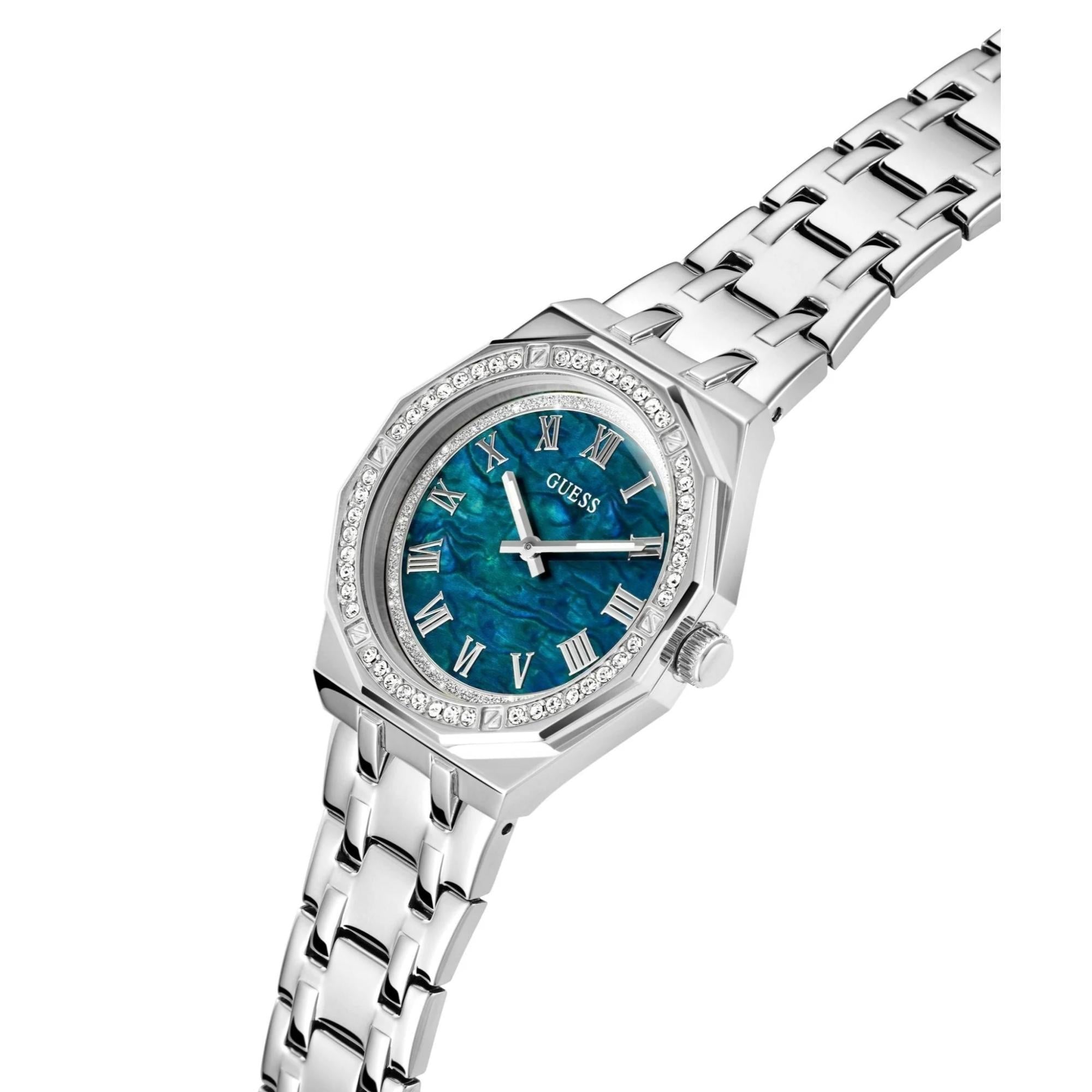 GUESS Silberfarbene Analog Blaues Zifferblatt Damen Uhr GW0770L1