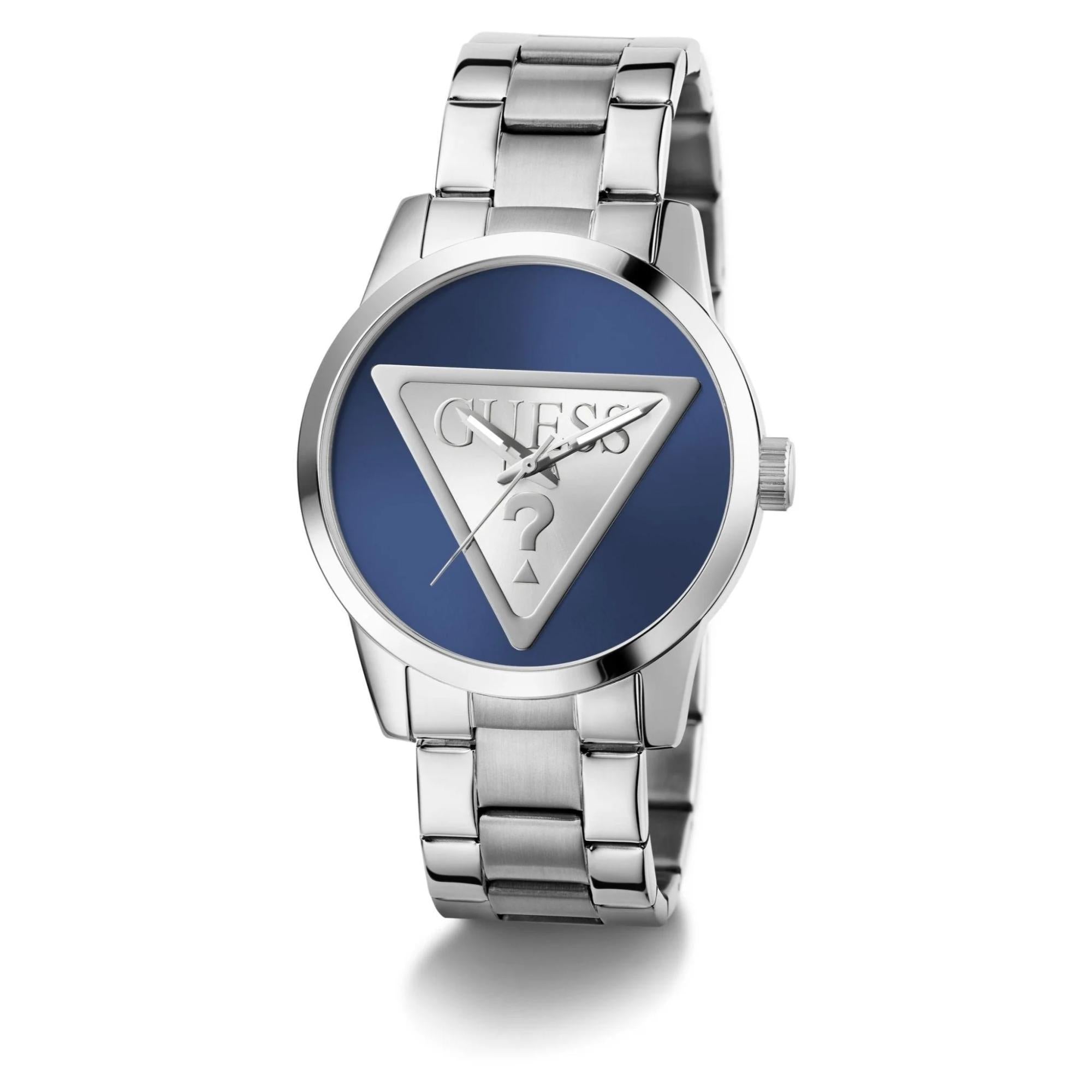 GUESS Gents Badge Silver Tone Stainless Steel Analog with Modern Flair Blue Dial Men's Watch GW0782G3