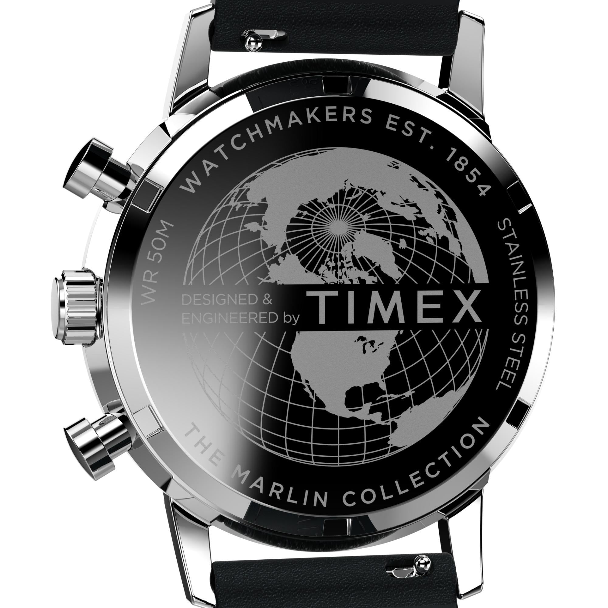 Timex Marlin Chronograph Tachymeter Silberfarbene Zifferblatt Schwarzes Lederarmband Herren Uhr TW2W10300