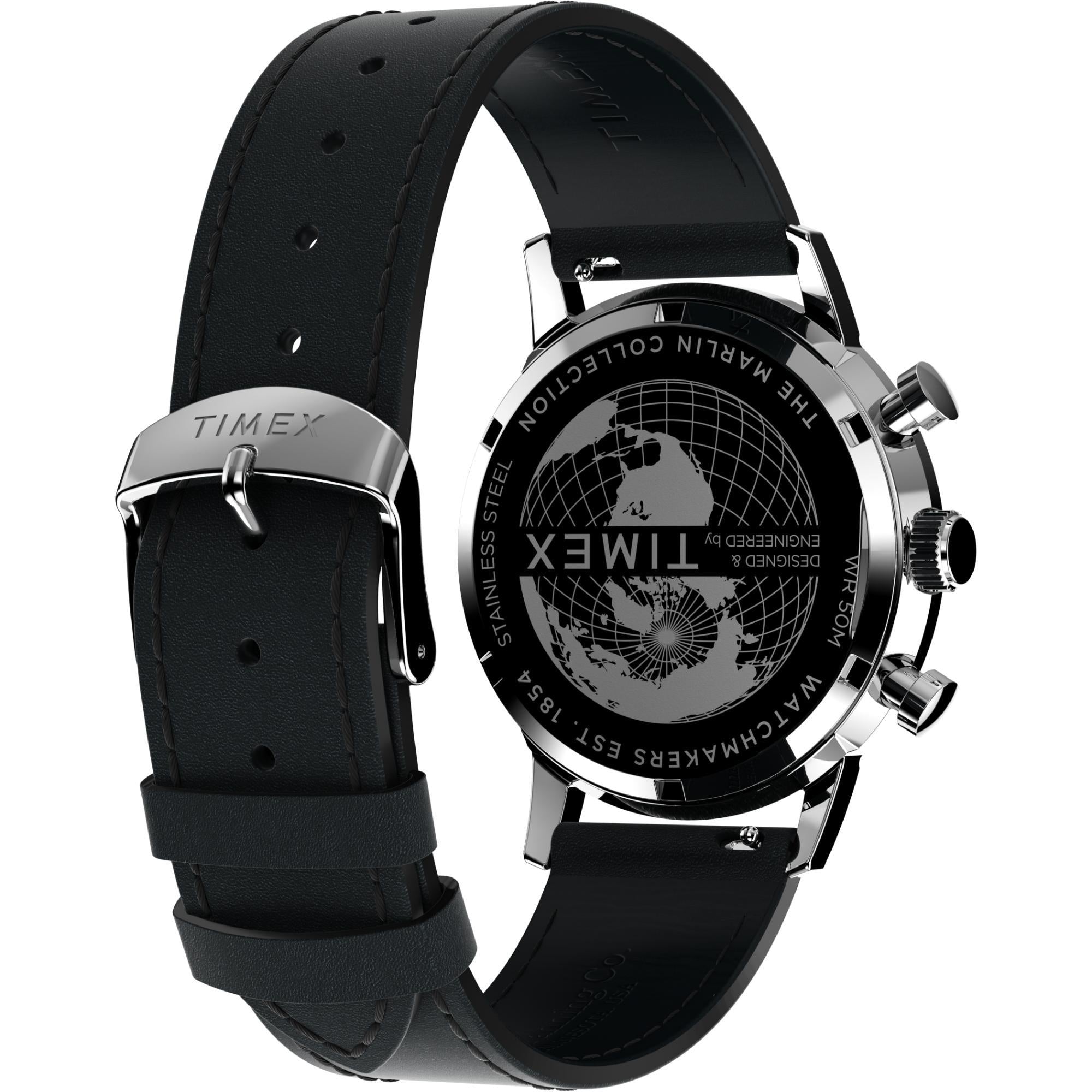 Timex Marlin Chronograph Tachymeter Silberfarbene Zifferblatt Schwarzes Lederarmband Herren Uhr TW2W10300