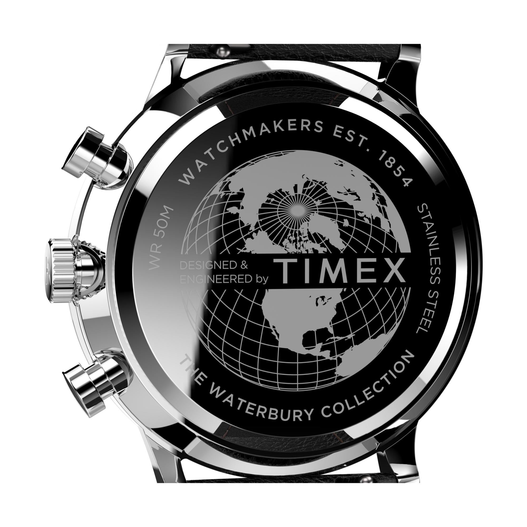 Timex Waterbury 40mm Chronograph Black Dial Leather Mens Quartz Watch TW2U88300