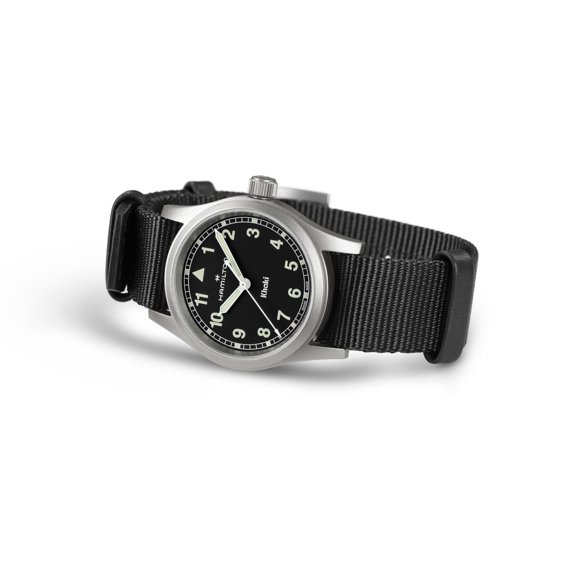 Hamilton Khaki Field H69301430 black NATO strap and 33mm black dial on white background