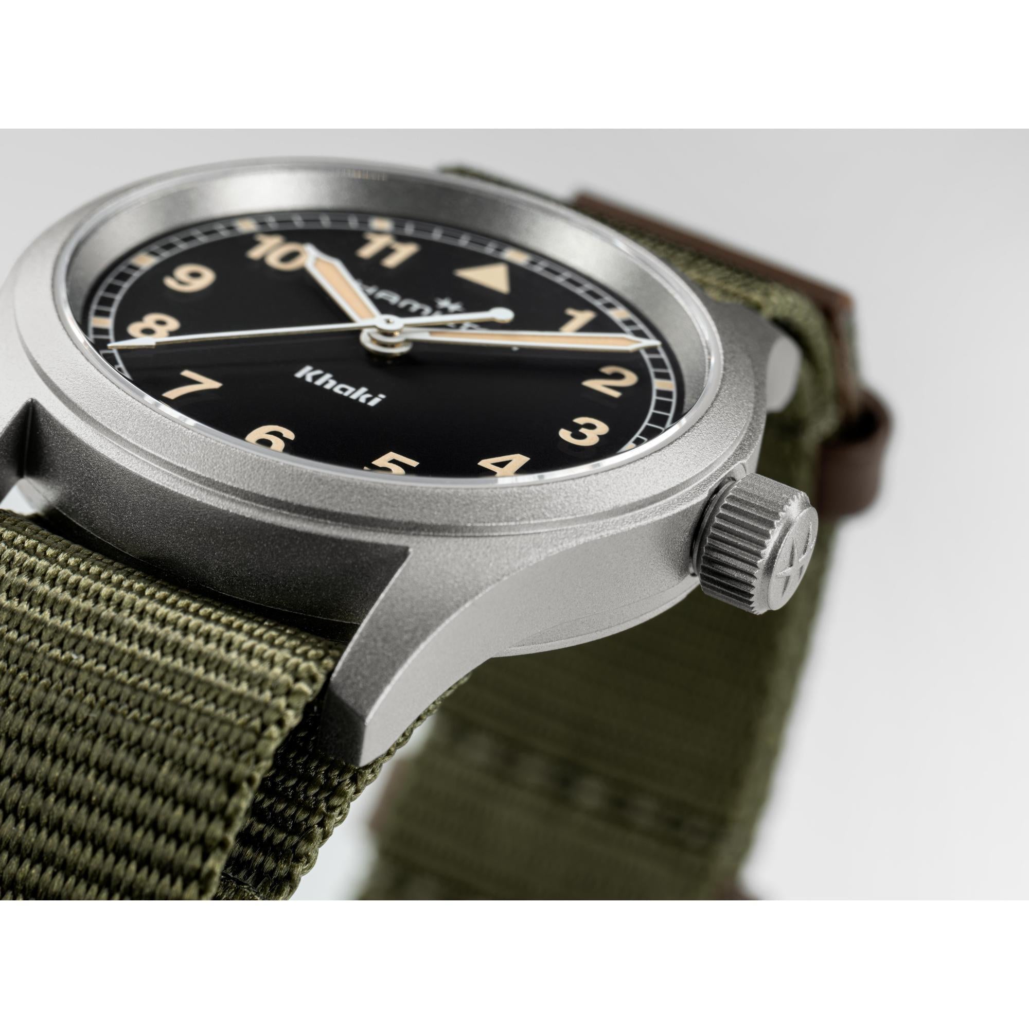 Hamilton Khaki Field H69301930 black dial with Arabic numerals and railway minute track close-up
