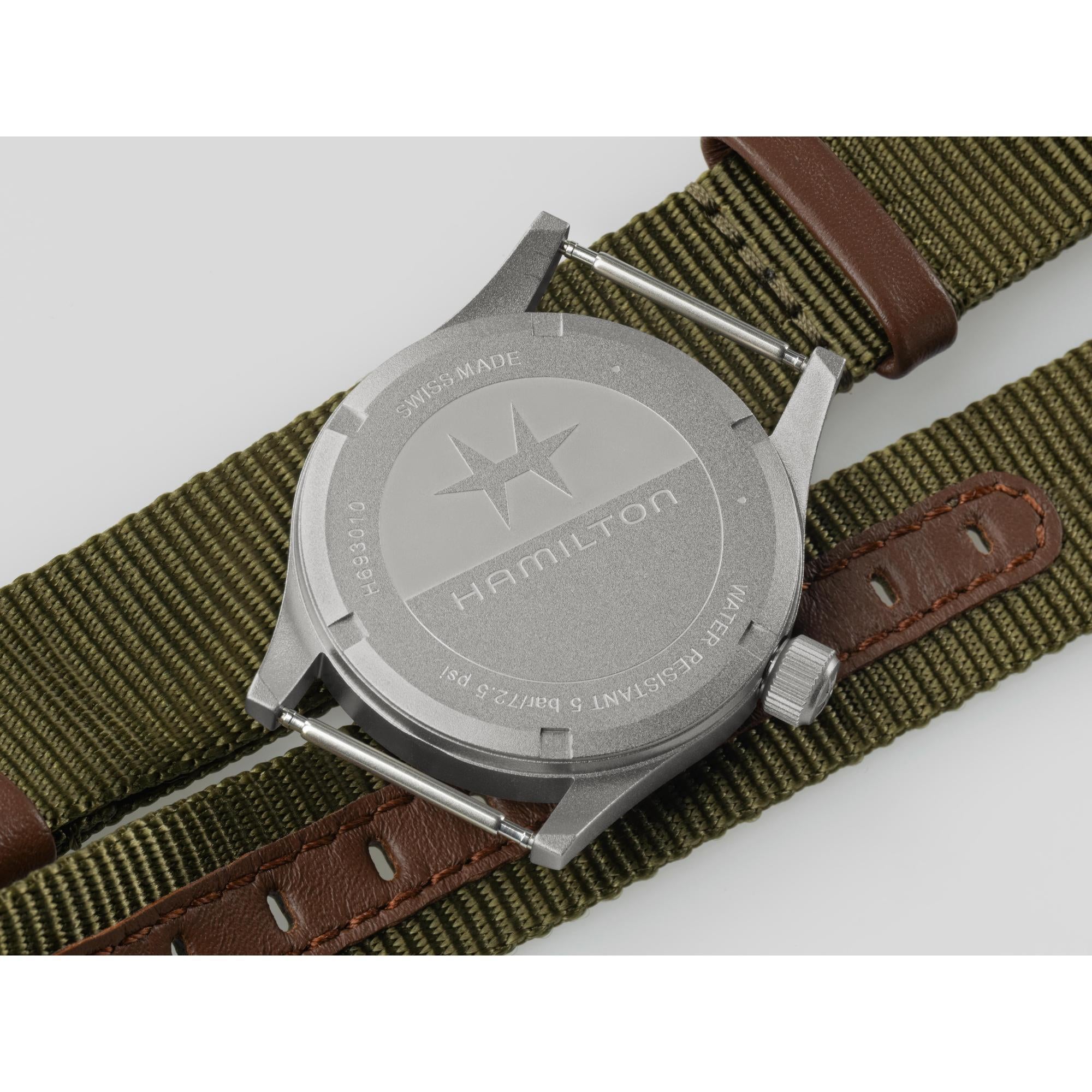 Hamilton Khaki Field dial NATO Quartz watch case back view H69301930