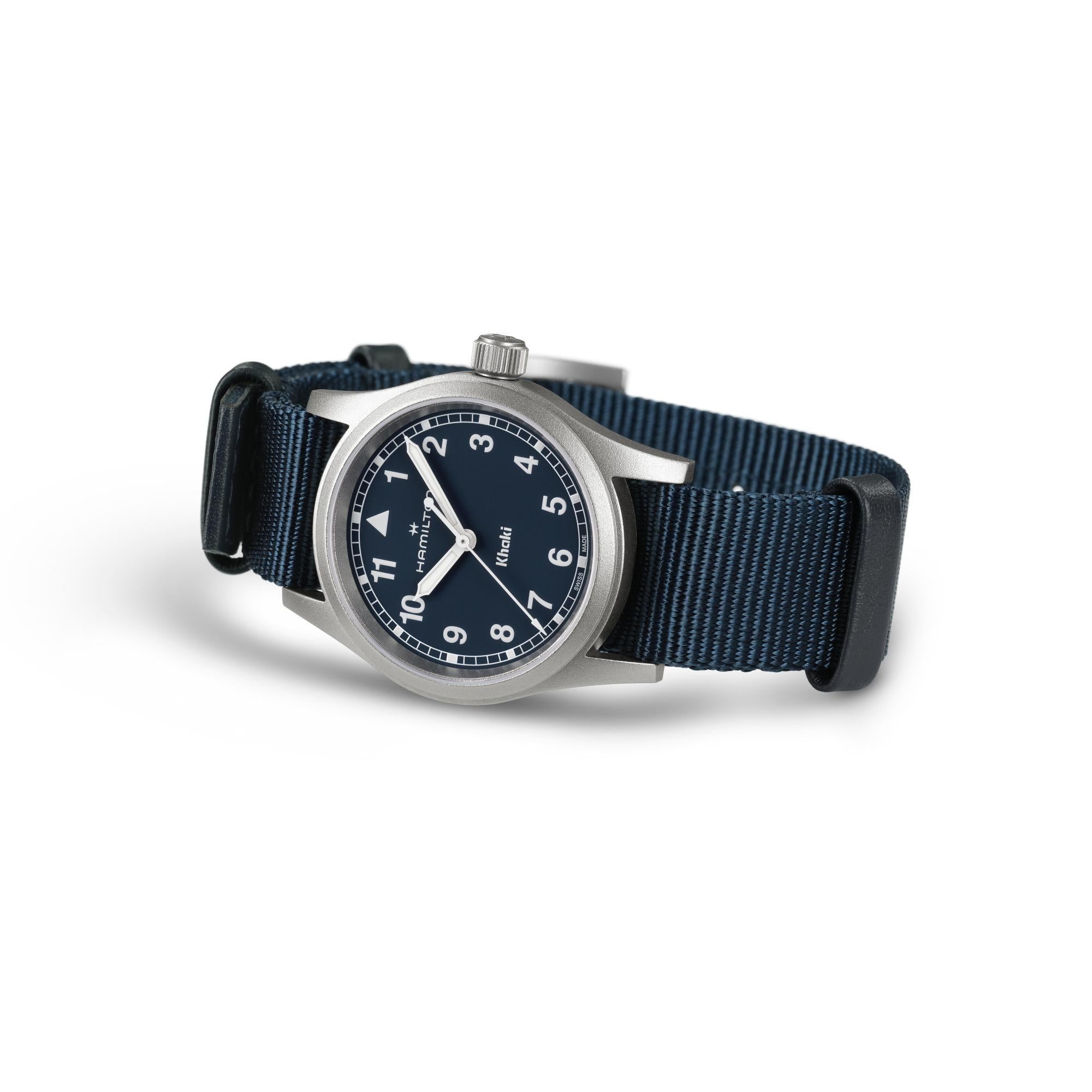 Hamilton Khaki Field H69301940 33mm stainless steel case side and blue strap