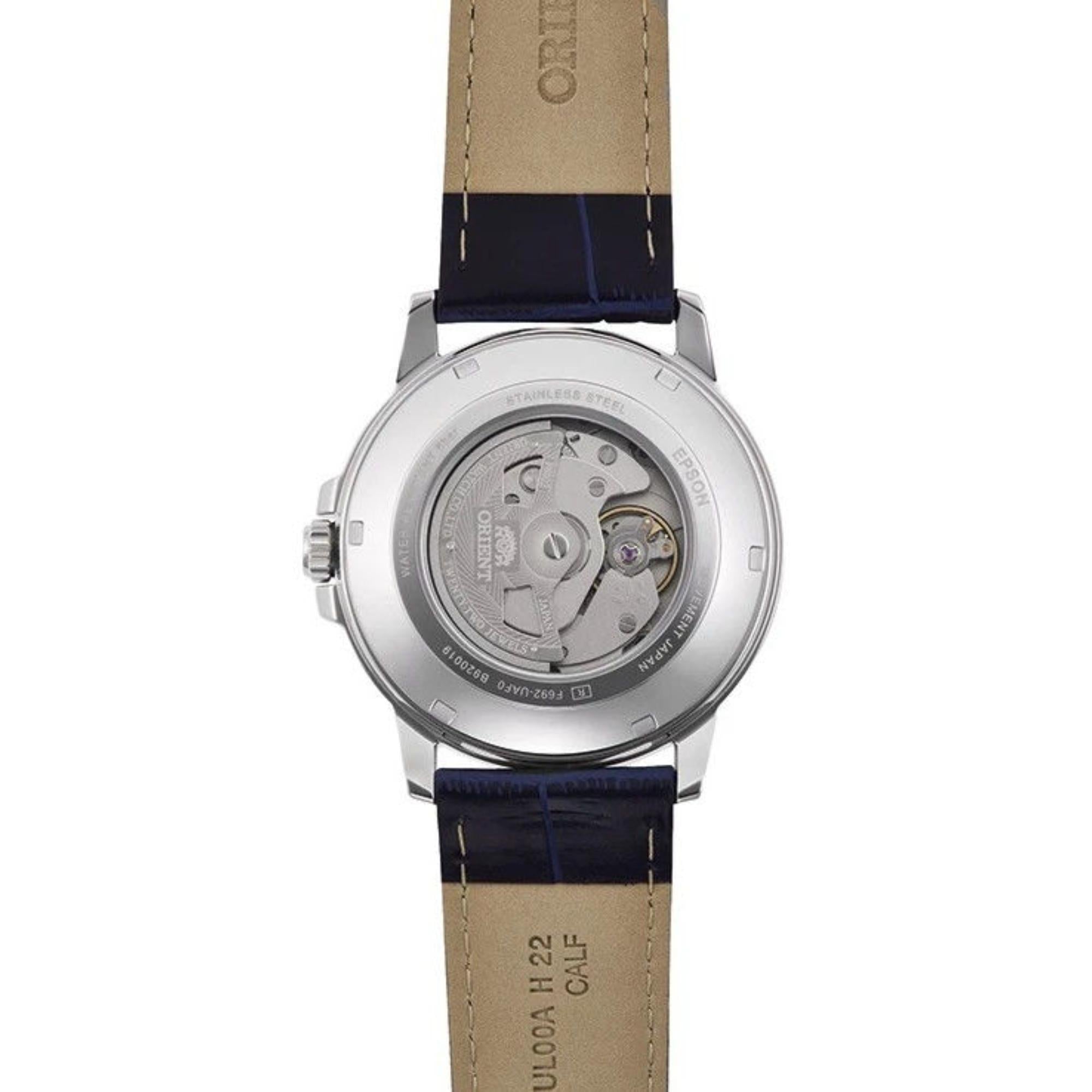 Orient RA-AA0C05L39B navy Leather Strap and case back profile 