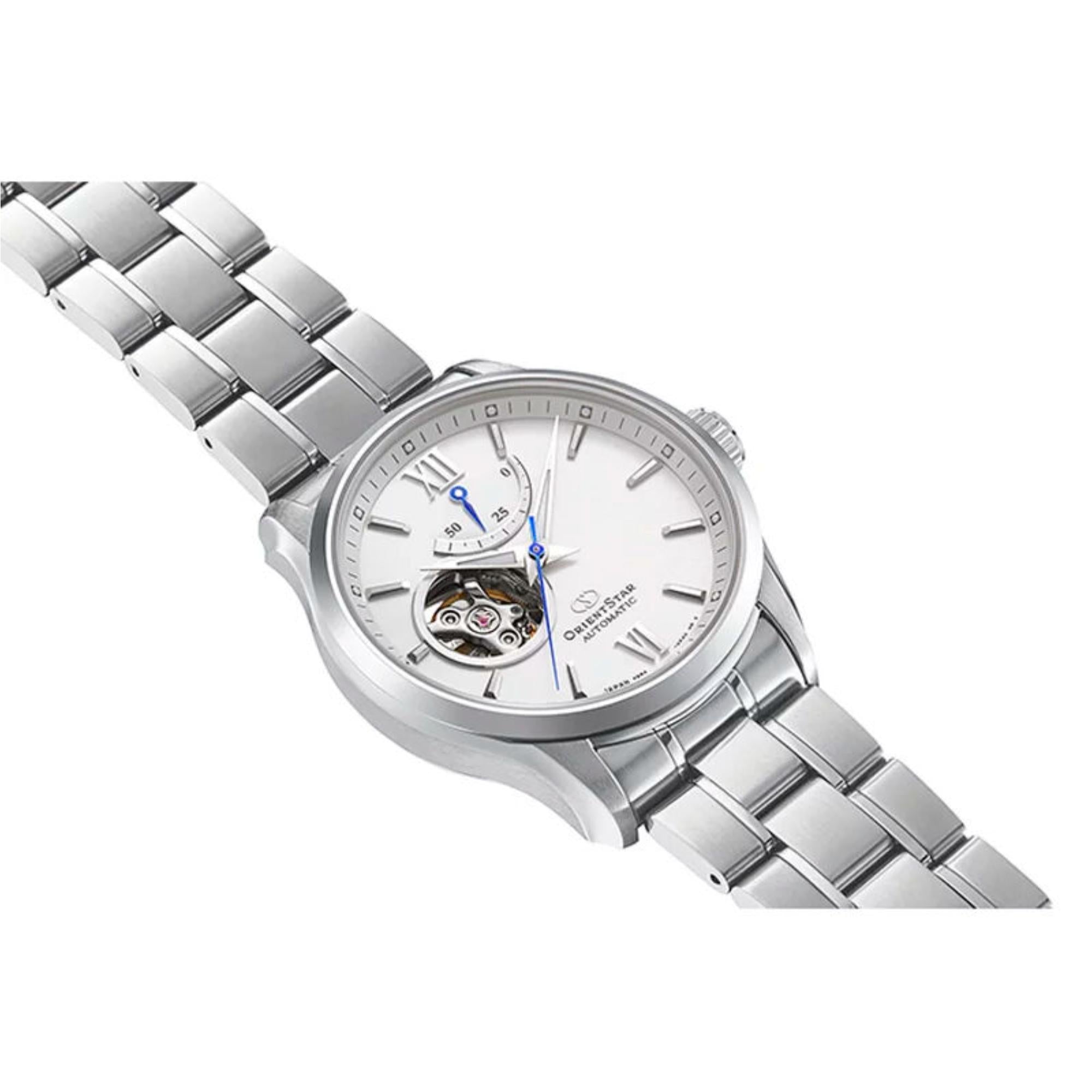Orient Star Semi Skeleton 39mm Power Reserve White Dial Steel Mens Automatic Watch RE-AT0003S00B