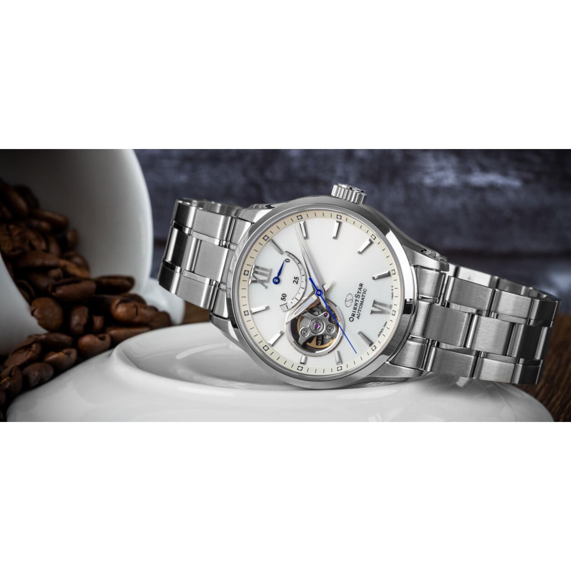 Orient Star Semi Skeleton 39mm Power Reserve White Dial Steel Mens Automatic Watch RE-AT0003S00B