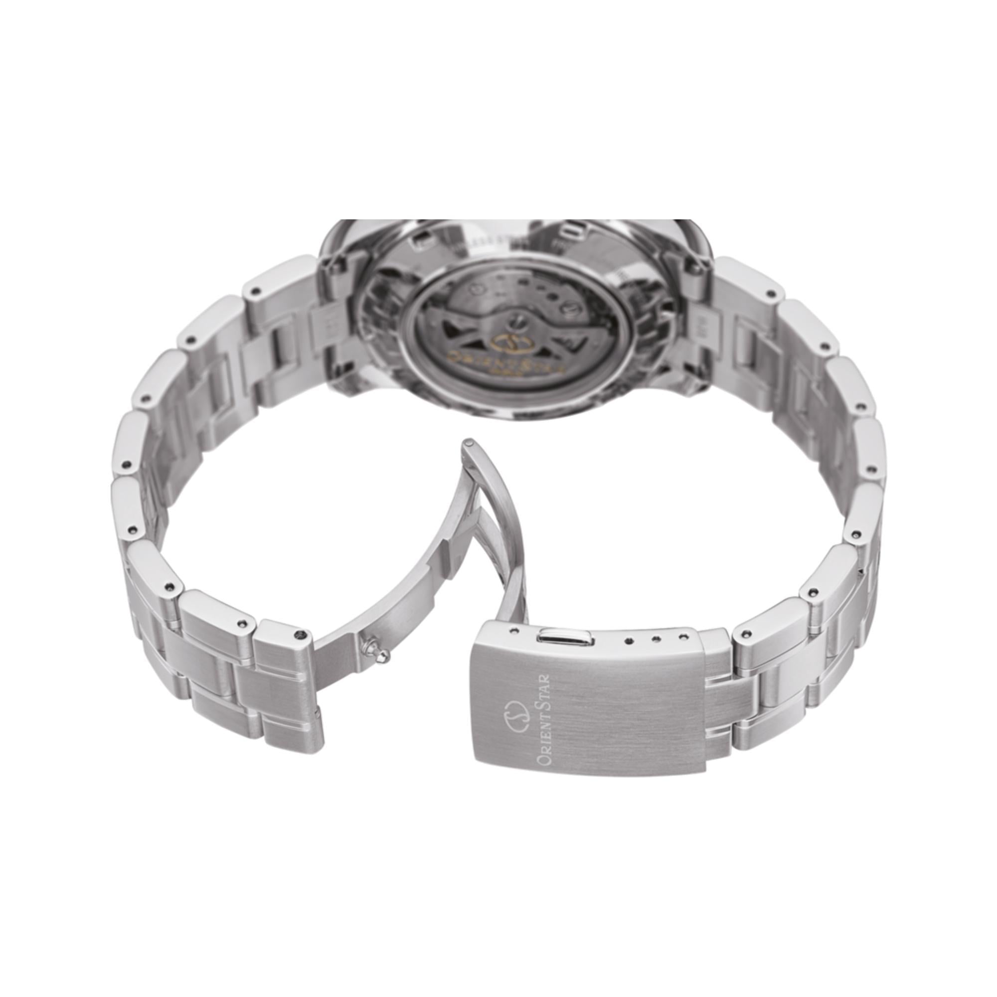 Orient Star Semi Skeleton 39mm Power Reserve Green Dial Steel Mens Automatic Watch RE-AT0002E00B