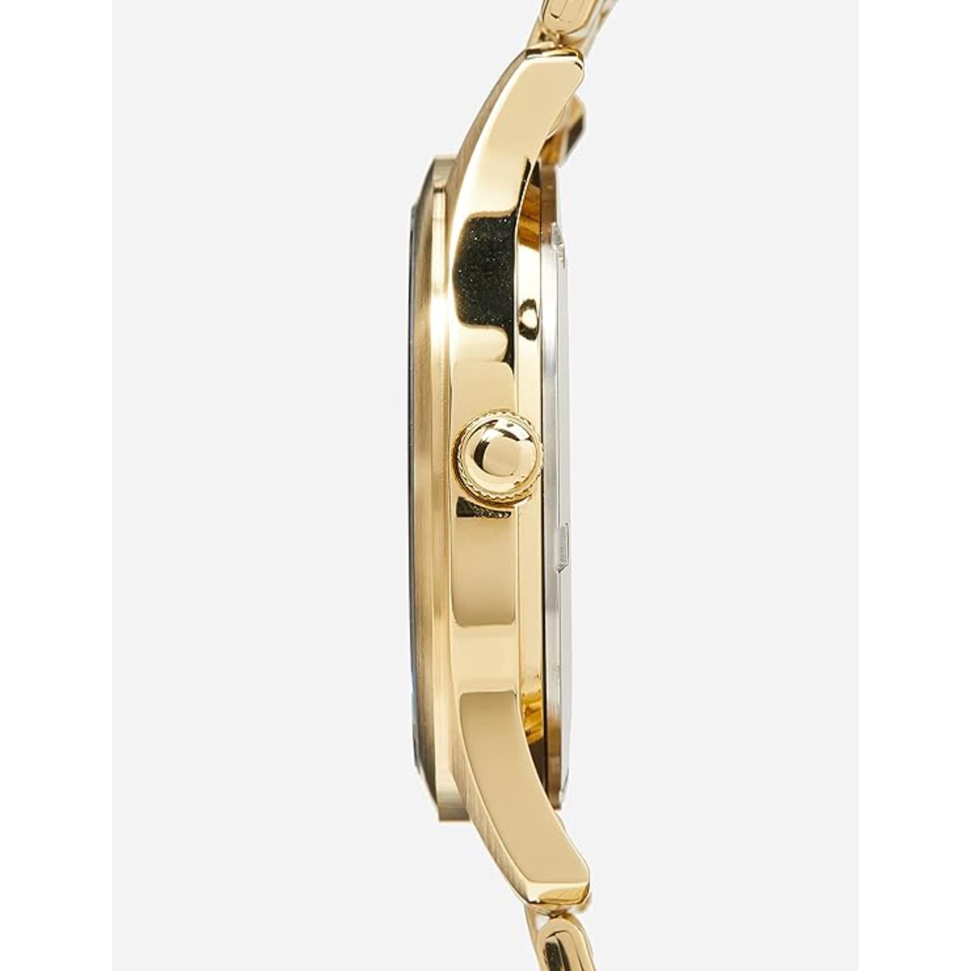 Lorus Klassische Herrenarmbanduhr mit schwarzem Sonnenschliff-Zifferblatt aus goldbeschichtetem Edelstahl RXN76DX9