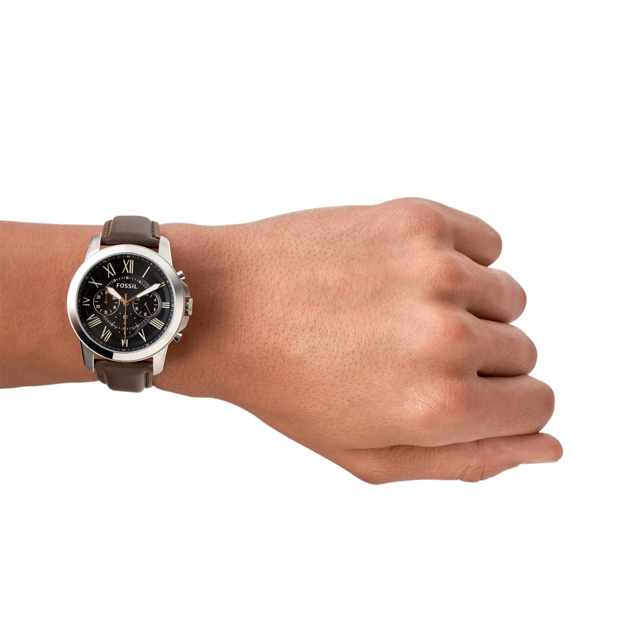 Fossil Grant 44mm Chronograph Black Dial Leather Mens Quartz Watch FS4813