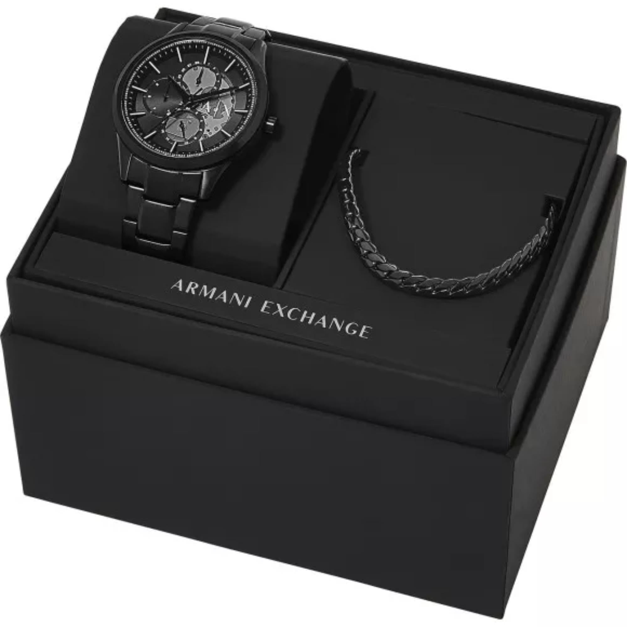 Armani Exchange Dante 42mm Chronograph Black Dial Steel Strap Mens Quartz Watch AX7160SET