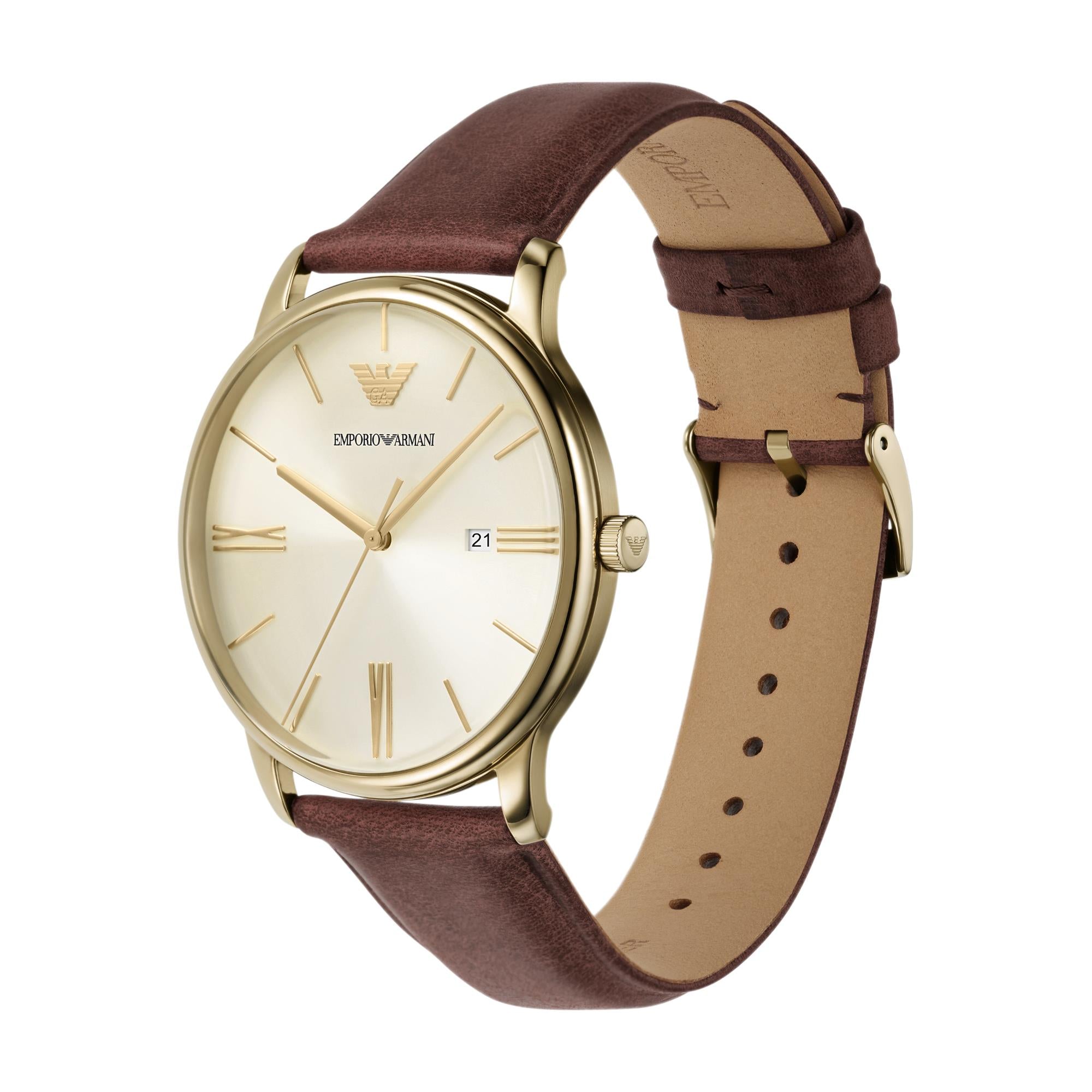 Emporio Armani Minimalist 42mm Champagner Zifferblatt Leder Herren Quarz Uhr AR11610