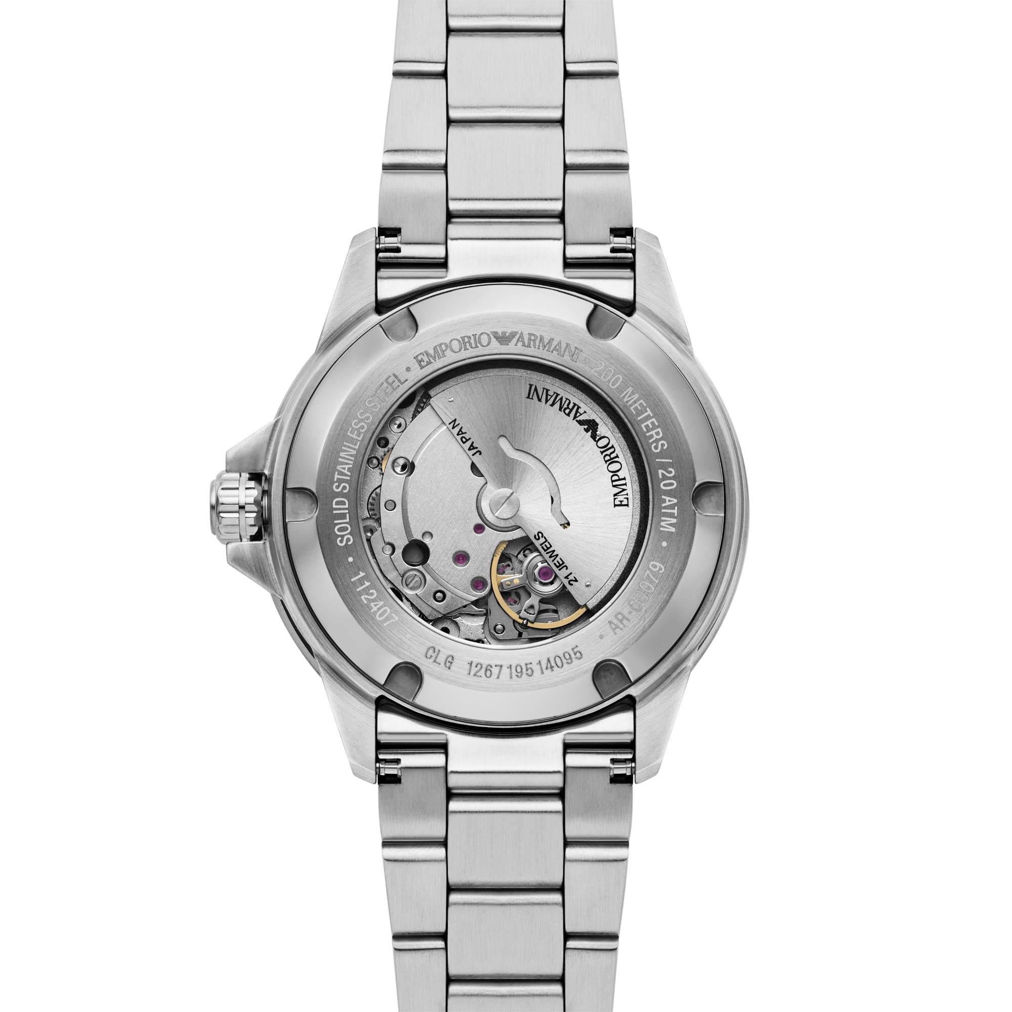 Silver Emporio Armani watch with visible brand name on a white background