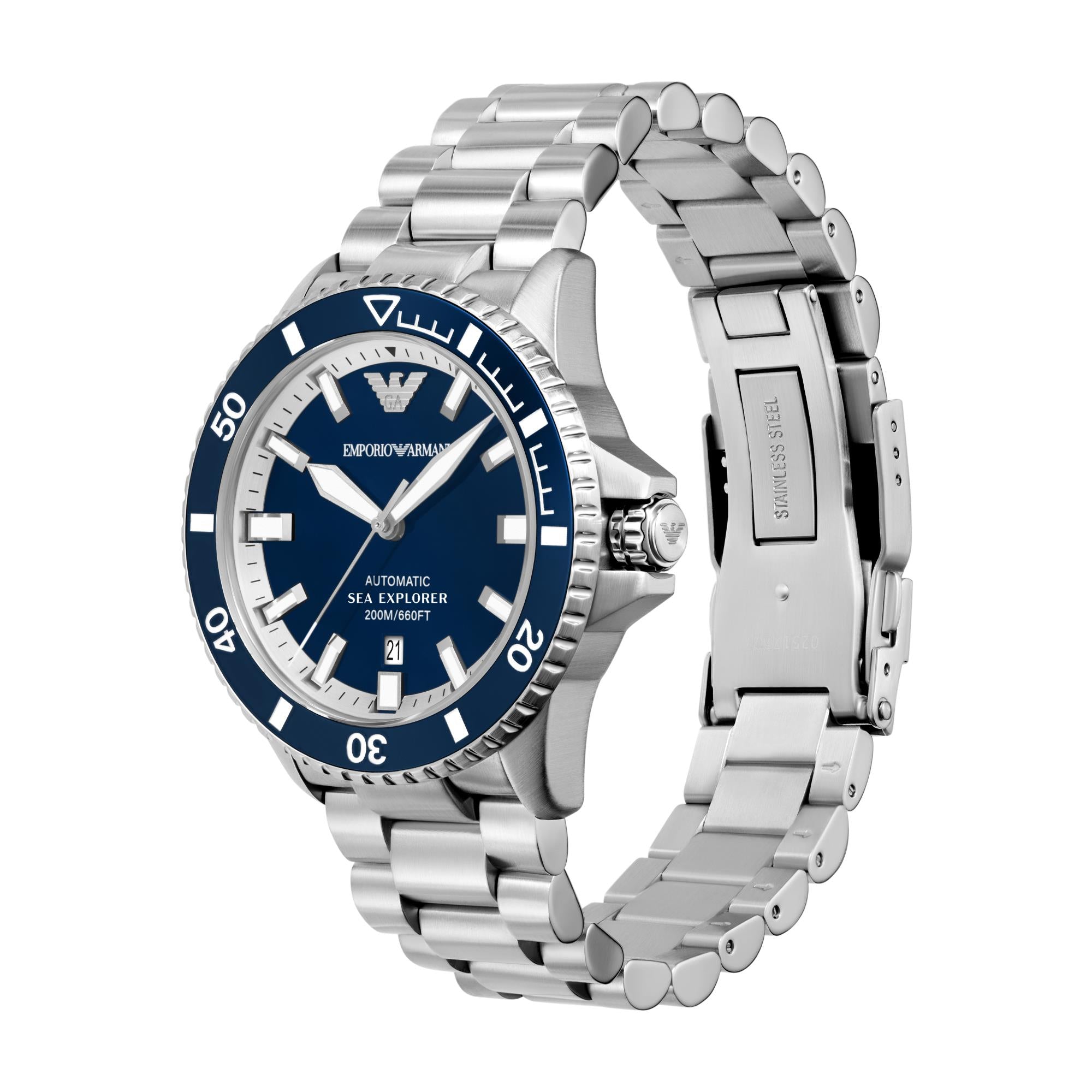 Silver watch with blue dial on a white background