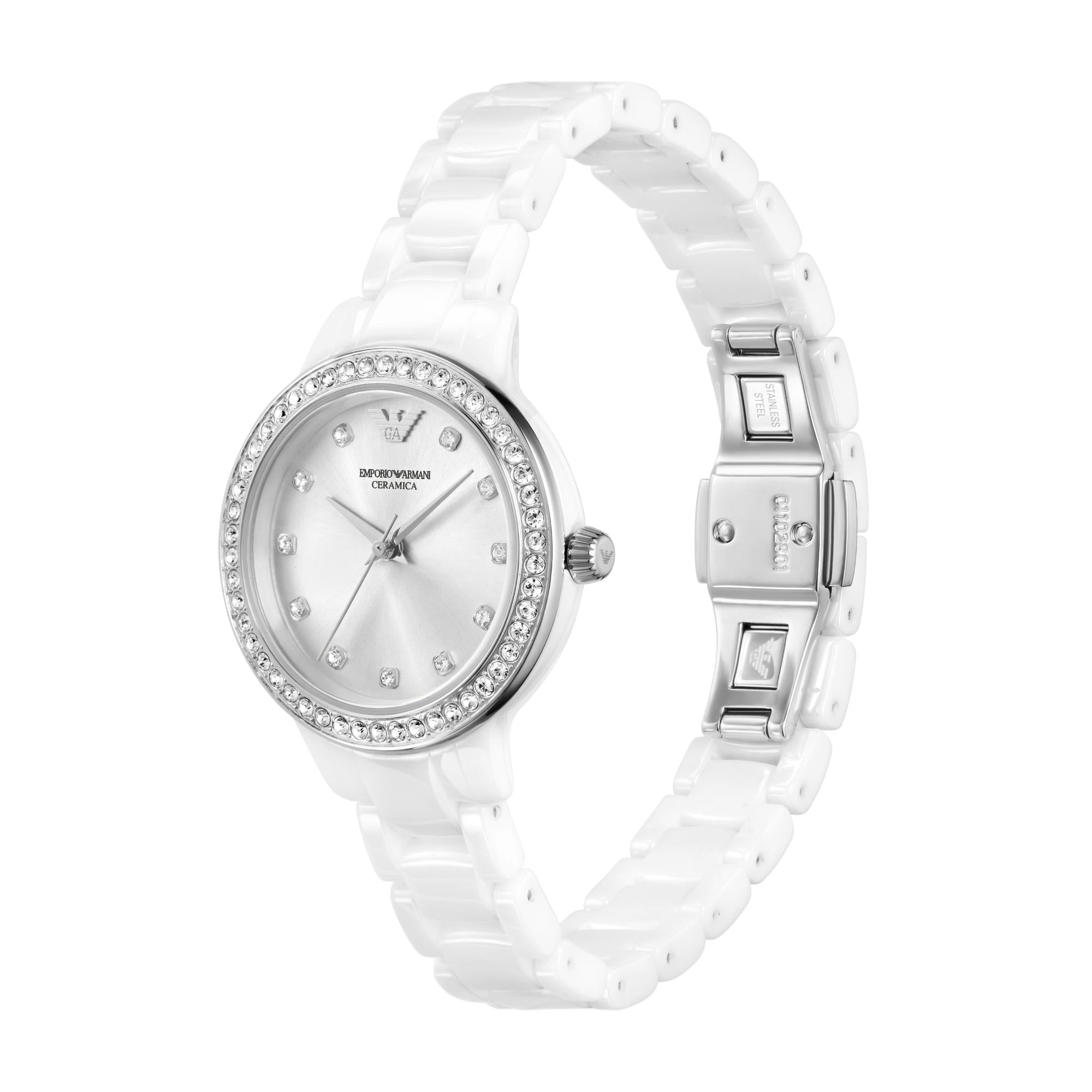 Emporio Armani Cleo 32mm  Silver Dial Ceramic Ladies Quartz Watch AR70013