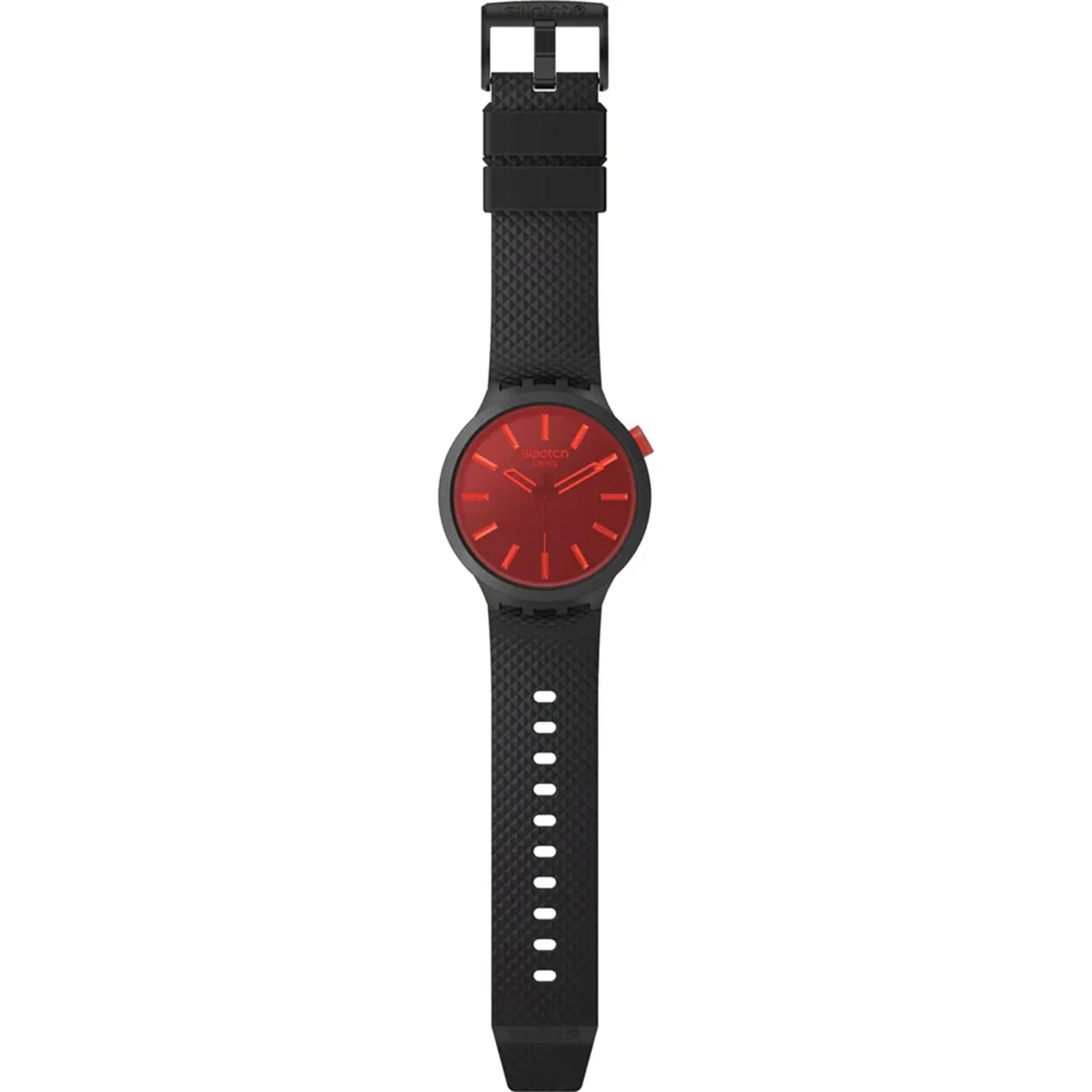 Swatch Big Bold Midnight Mode Red Dial Silicone Strap Watch SB05B111