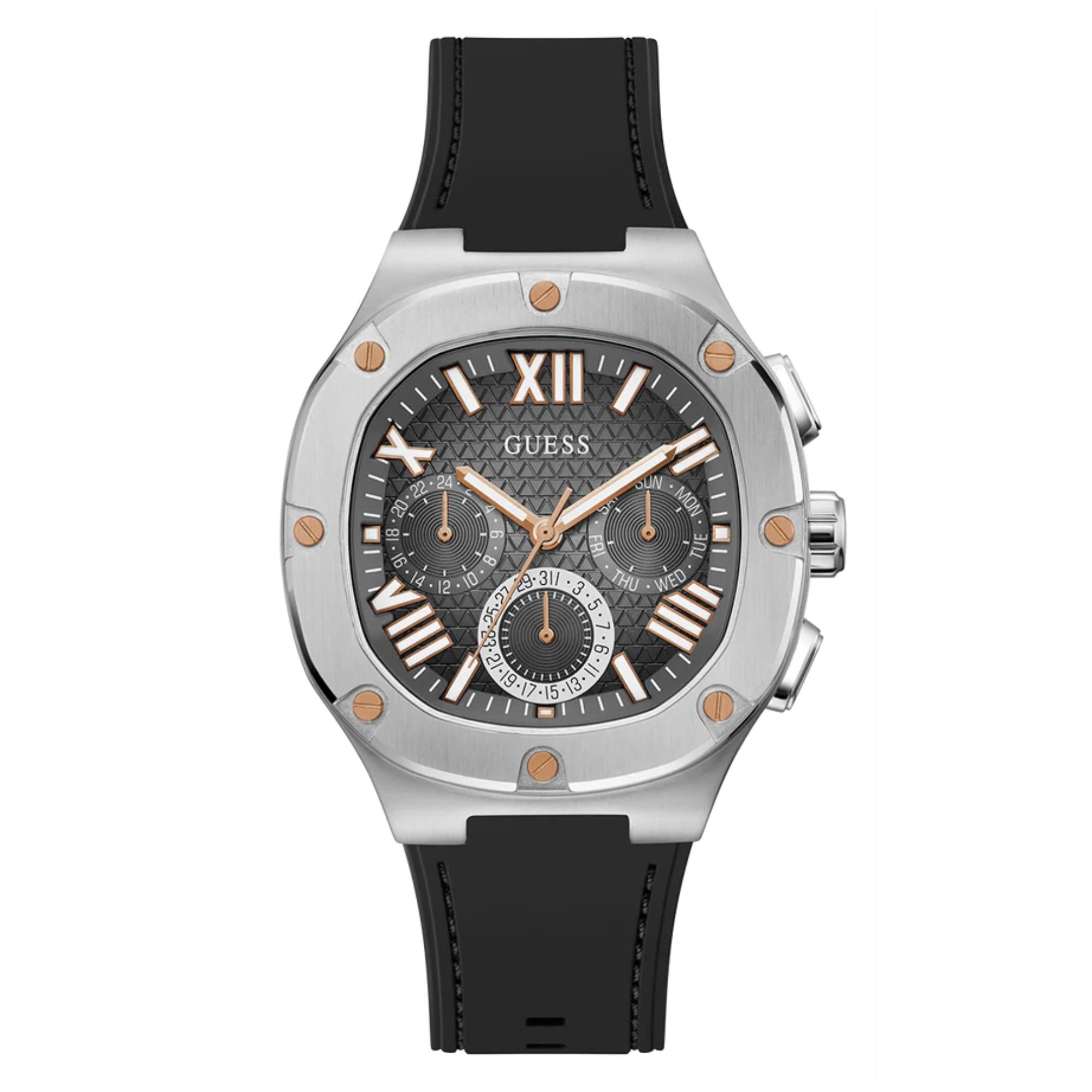 Guess Herren Texturiertes schwarzes Zifferblatt schwarze Silikonarmband Uhr GW0571G1