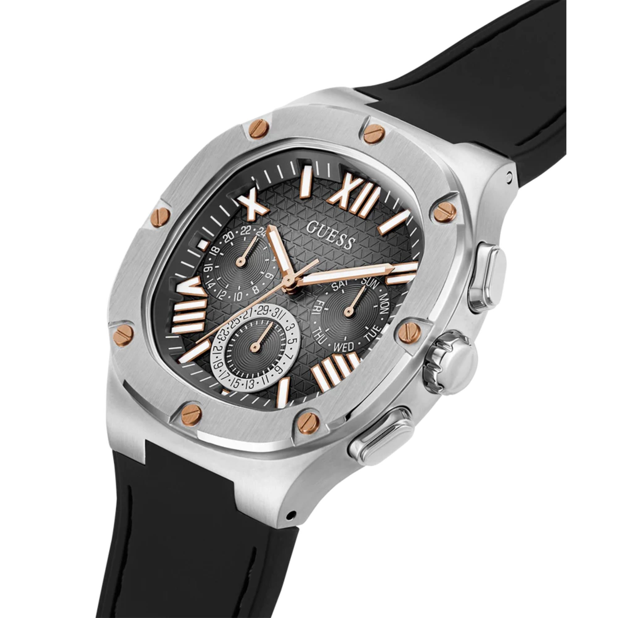Guess Herren Texturiertes schwarzes Zifferblatt schwarze Silikonarmband Uhr GW0571G1