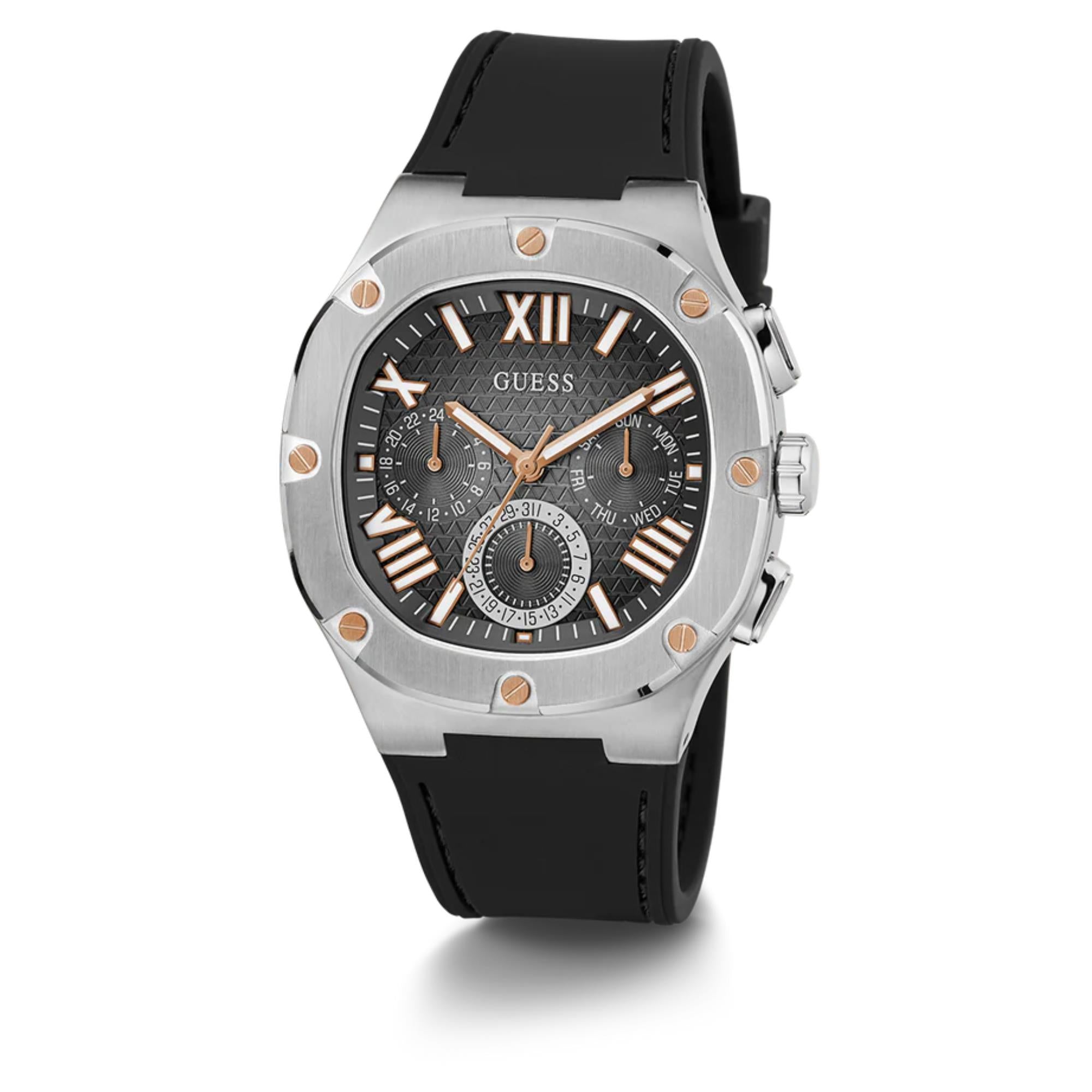 Guess Herren Texturiertes schwarzes Zifferblatt schwarze Silikonarmband Uhr GW0571G1