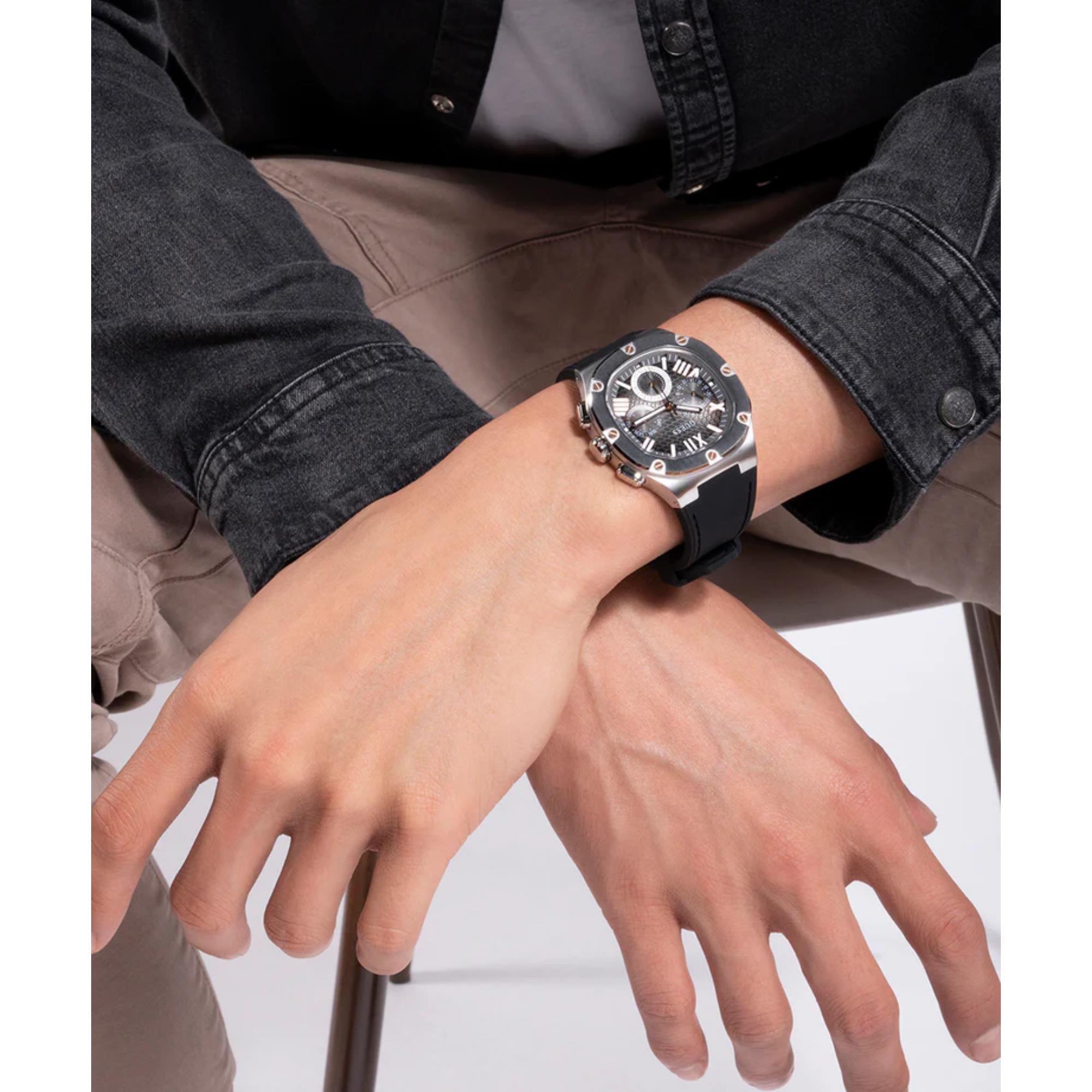 Guess Herren Texturiertes schwarzes Zifferblatt schwarze Silikonarmband Uhr GW0571G1